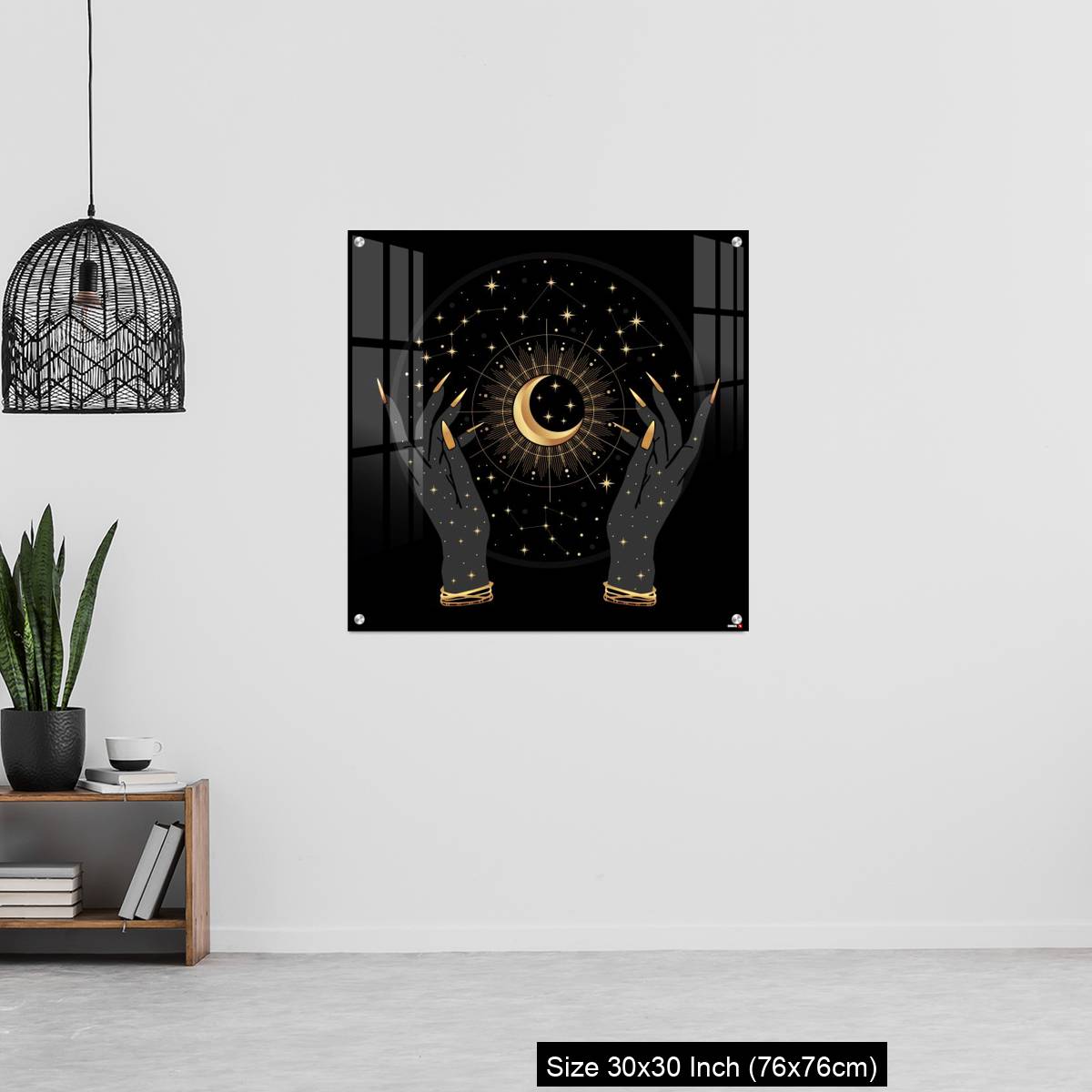 OMGs Acrylic Wall Decor – Black and gold boho crescent and elegant female hands. - Image 6