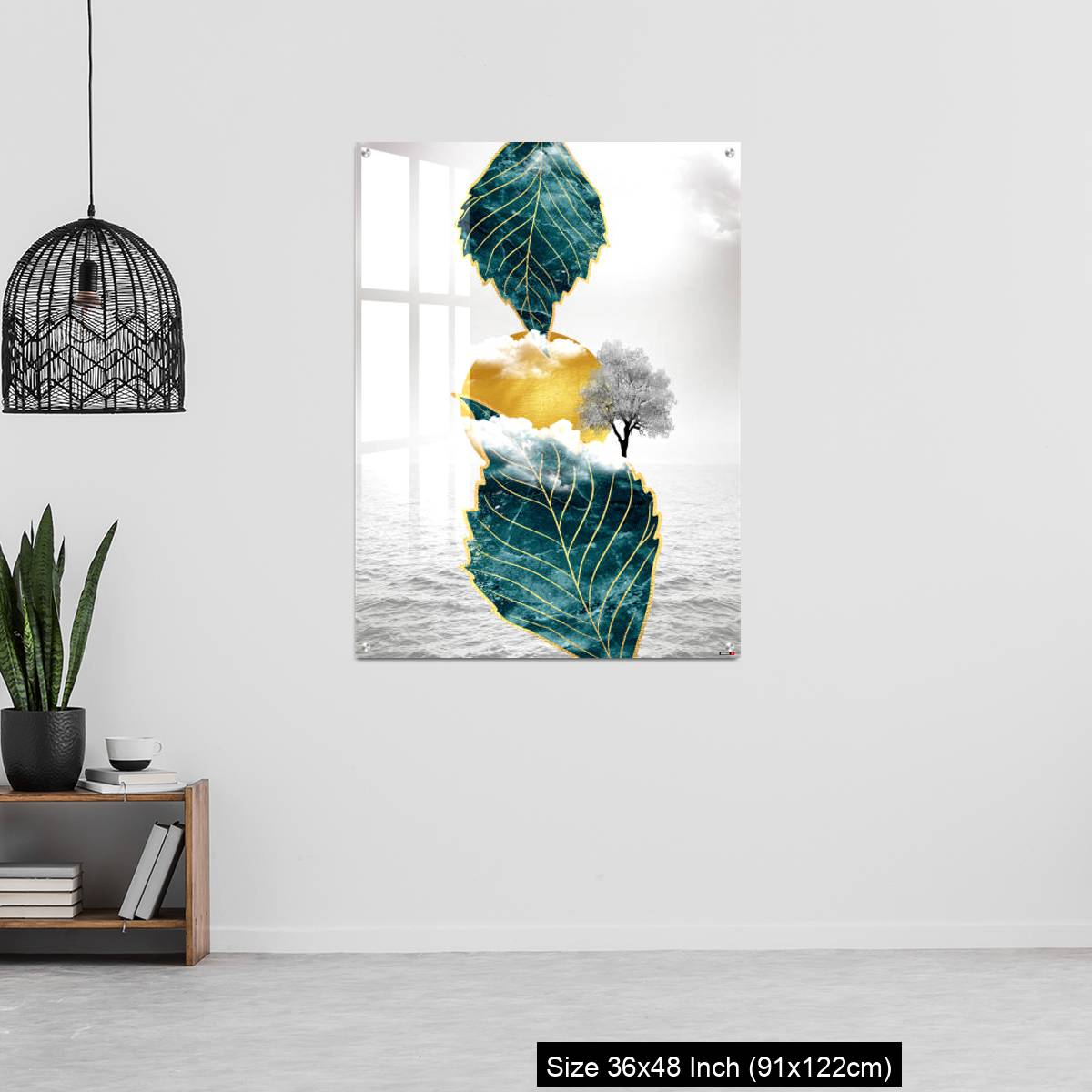 OMGs Acrylic Wall Decor – Light gray background golden sun and clouds, tree leaf and water - Image 6