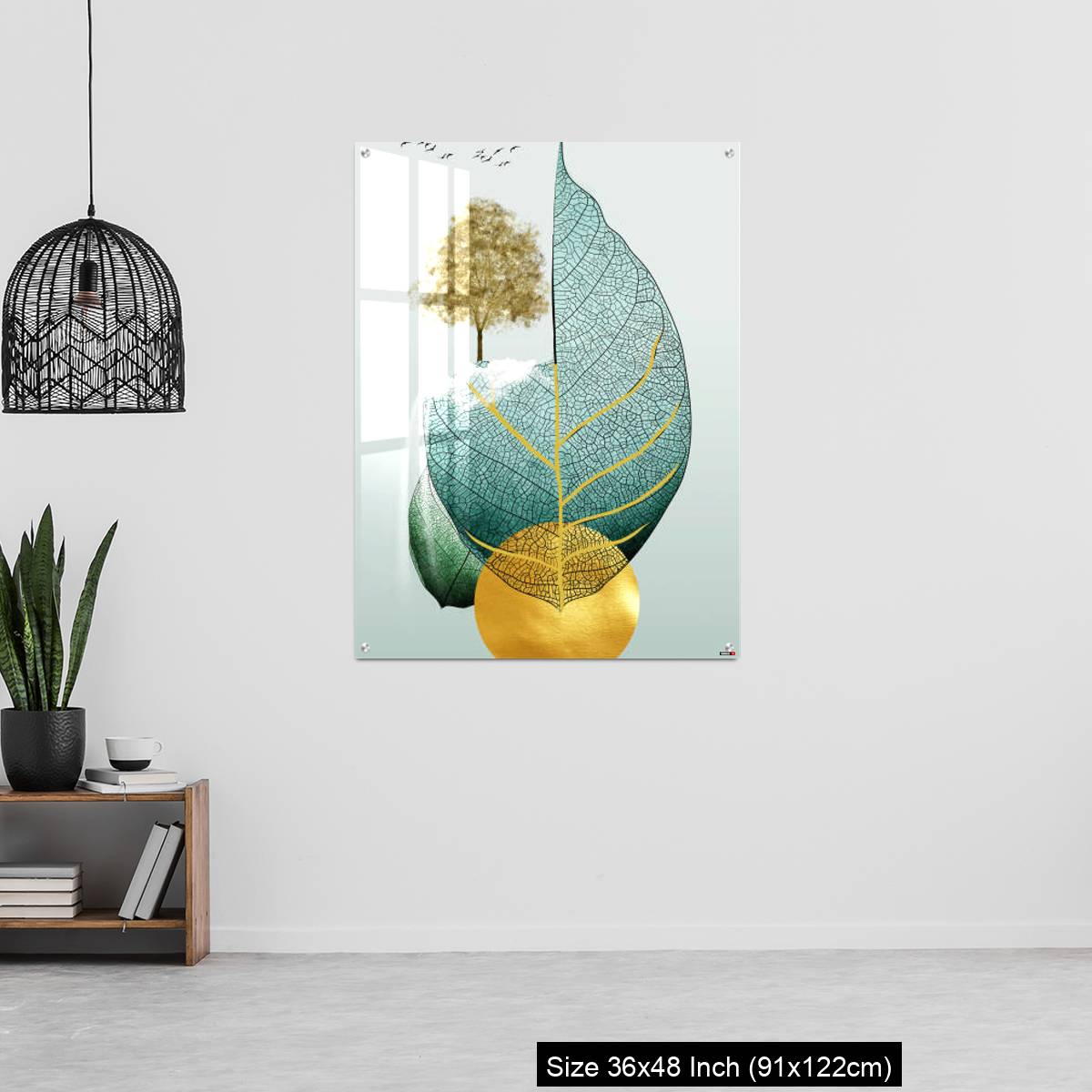 OMGs Acrylic Wall Decor – Gray background golden tree and birds , mountains tree leaf and white clouds . - Image 6