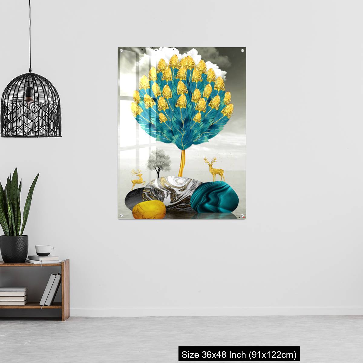 OMGs Acrylic Wall Decor – Ginko biloba leaves golden tree, deer, gray mountain, stone sun, and clouds - Image 6