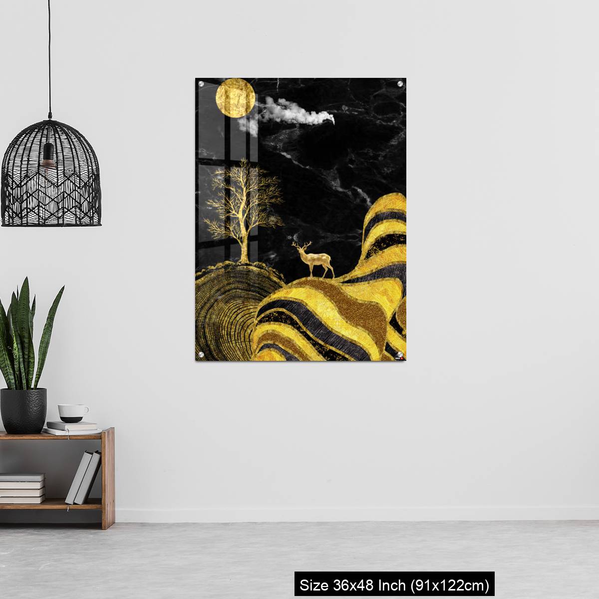 OMGs Acrylic Wall Decor – Moon and golden tree and curvy mountains, and white clouds. wall poster frame. - Image 6