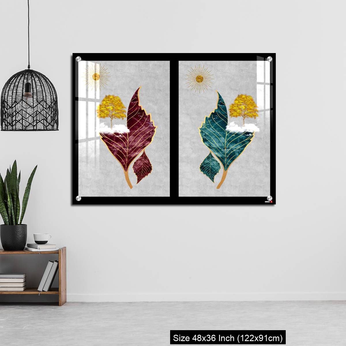 OMGs Acrylic Wall Decor – Chinese landscape gray background golden sun tree leaf and white clouds. - Image 6