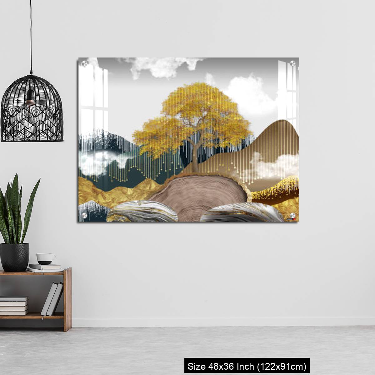 OMGs Acrylic Wall Decor – Gray background with golden trees, deer, mountains, and white clouds. golden, black, turquoise stone in water. - Image 6