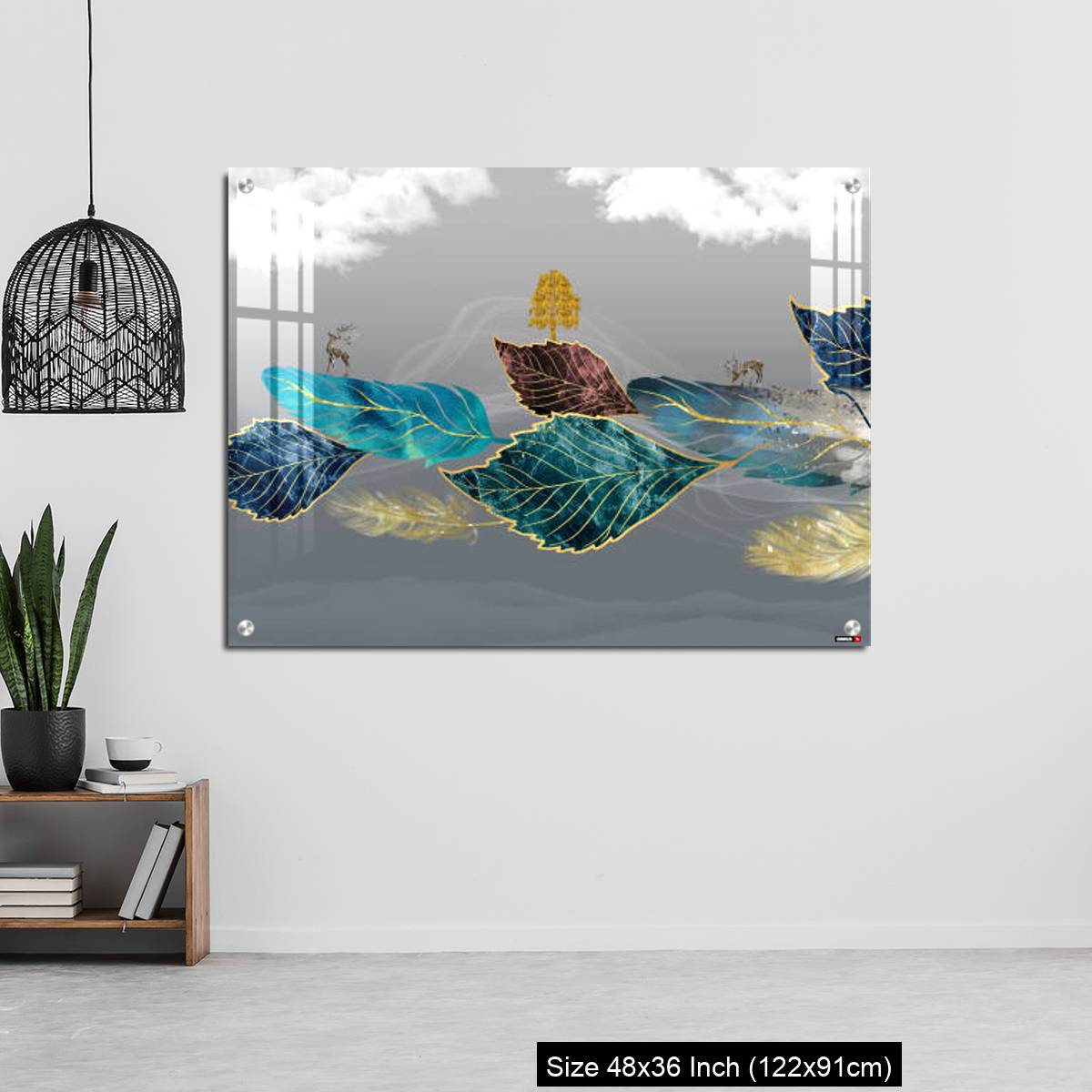 OMGs Acrylic Wall Decor – Blue, turquoise, and red leaves, white clouds and feathers in gray background - Image 6