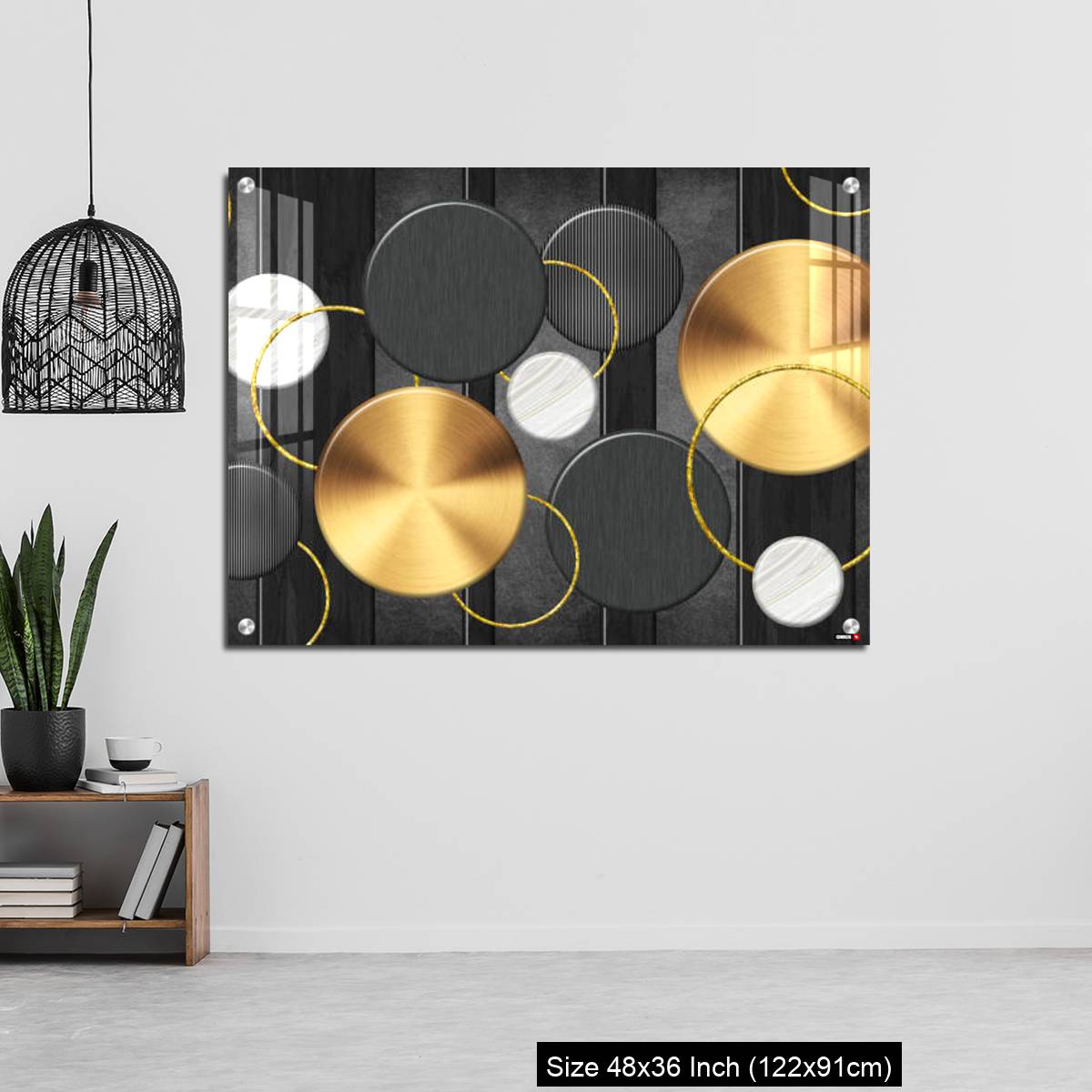 OMGs Acrylic Wall Decor – White and golden circles in dark gray  background decorative wall art. - Image 6