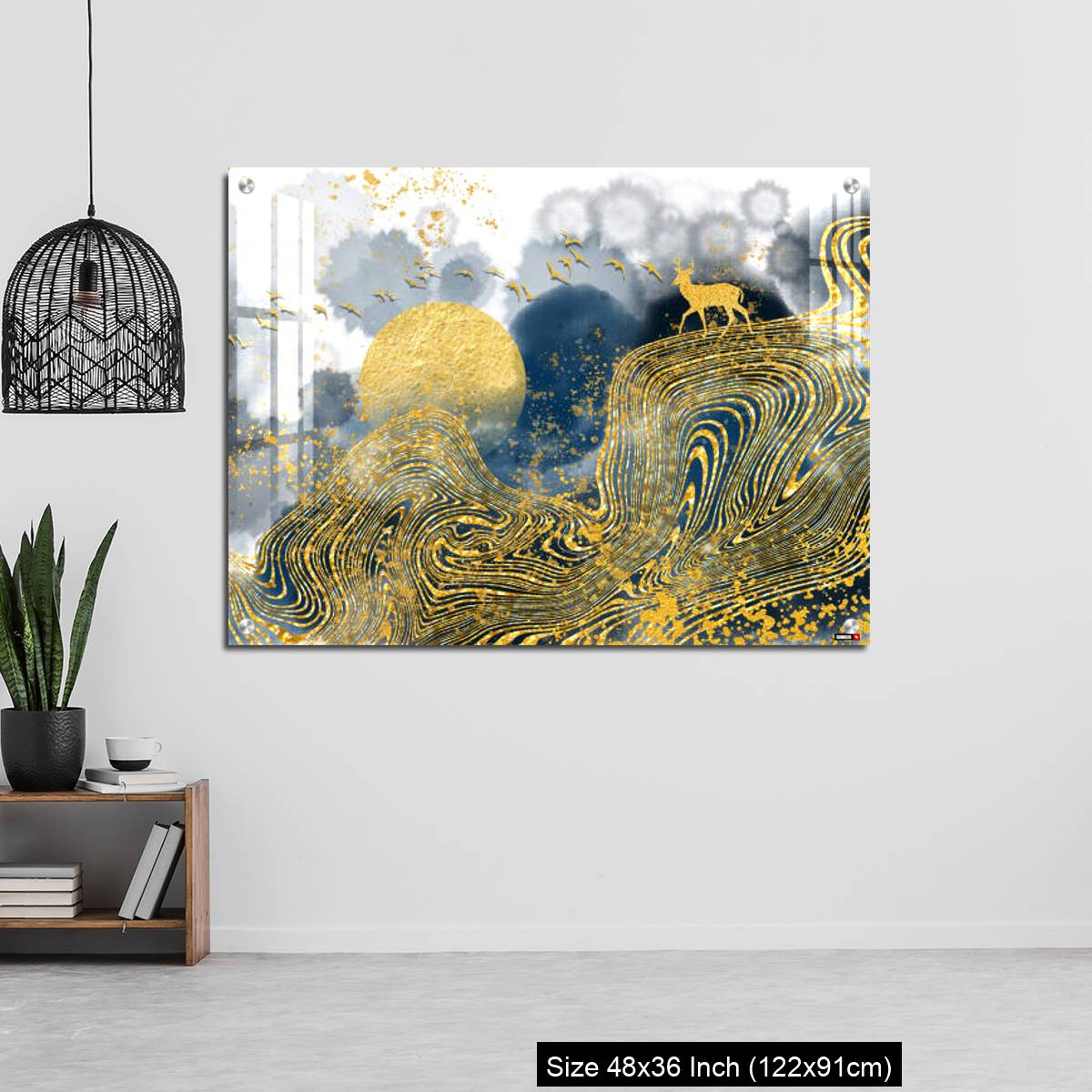 OMGs Acrylic Wall Decor – Golden deer, black christmas tree , mountain , moon with white birds - Image 6