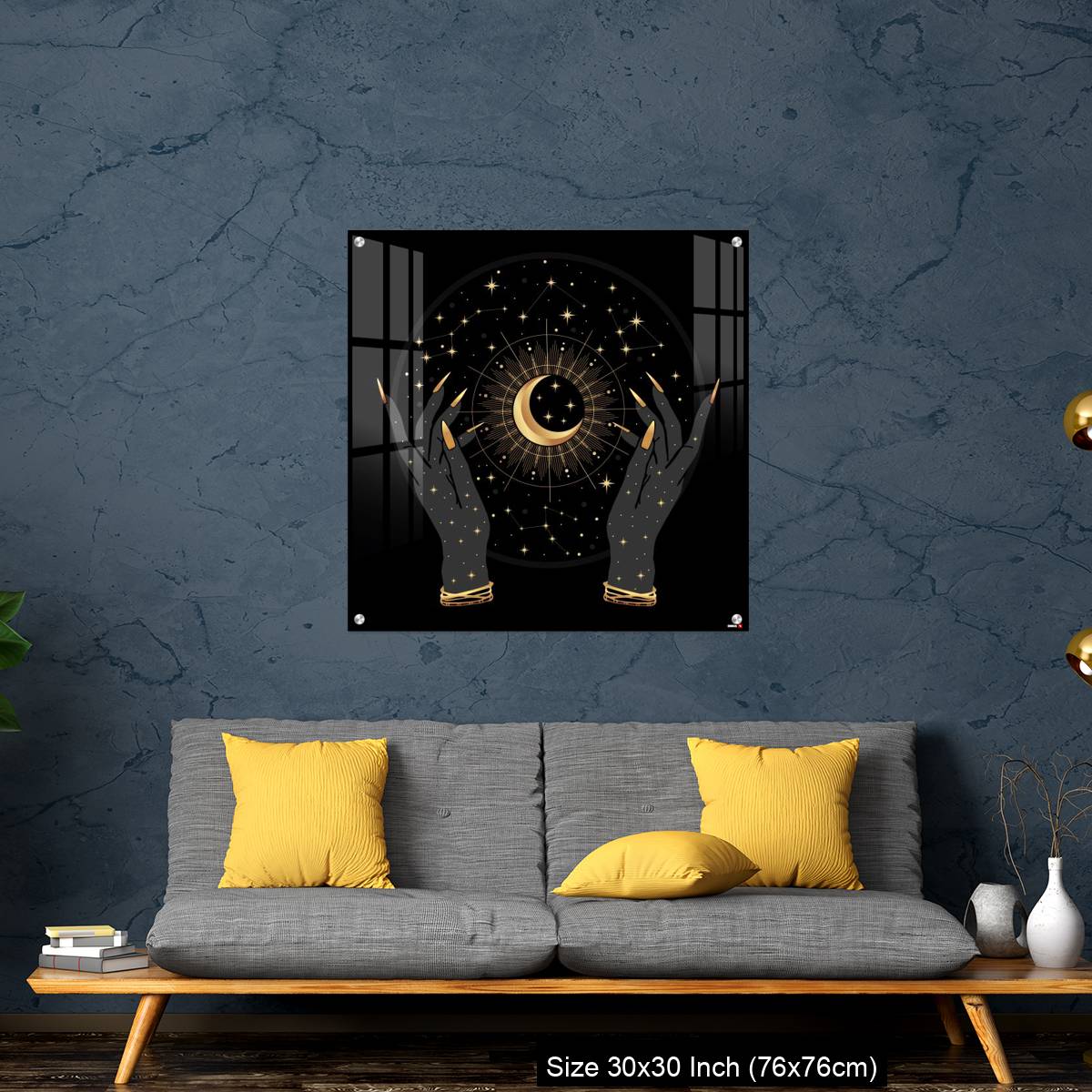 OMGs Acrylic Wall Decor – Black and gold boho crescent and elegant female hands. - Image 7