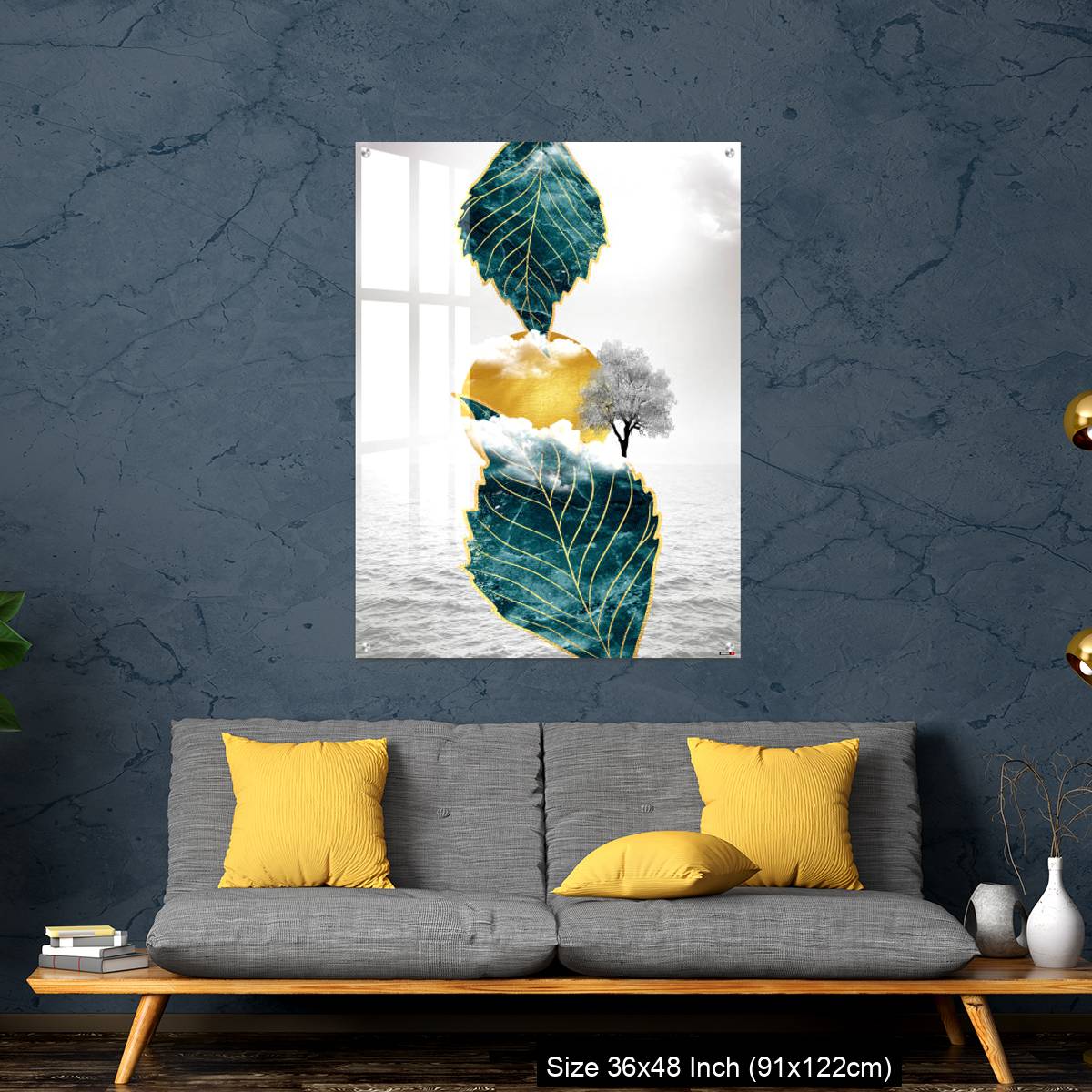 OMGs Acrylic Wall Decor – Light gray background golden sun and clouds, tree leaf and water - Image 7