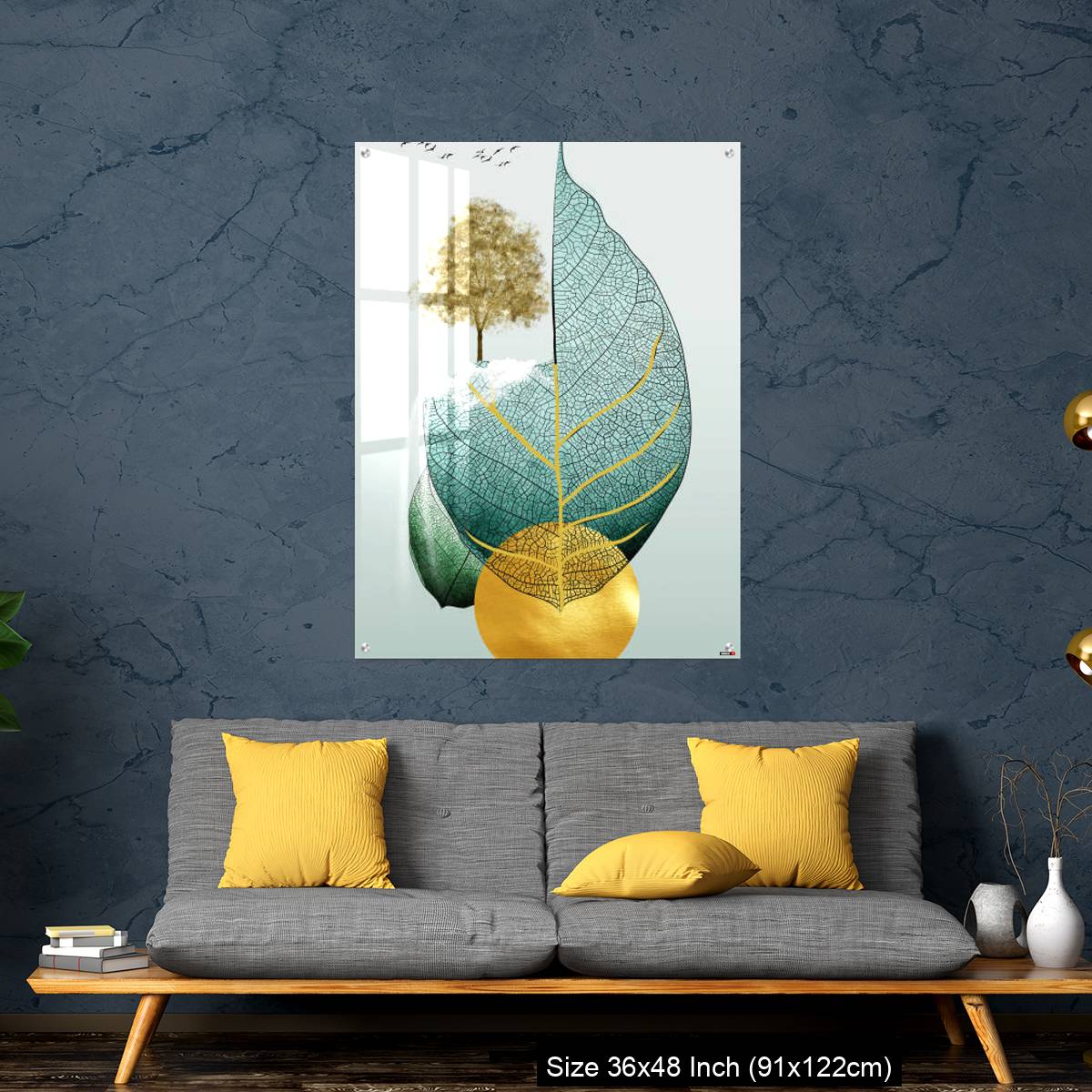 OMGs Acrylic Wall Decor – Gray background golden tree and birds , mountains tree leaf and white clouds . - Image 7