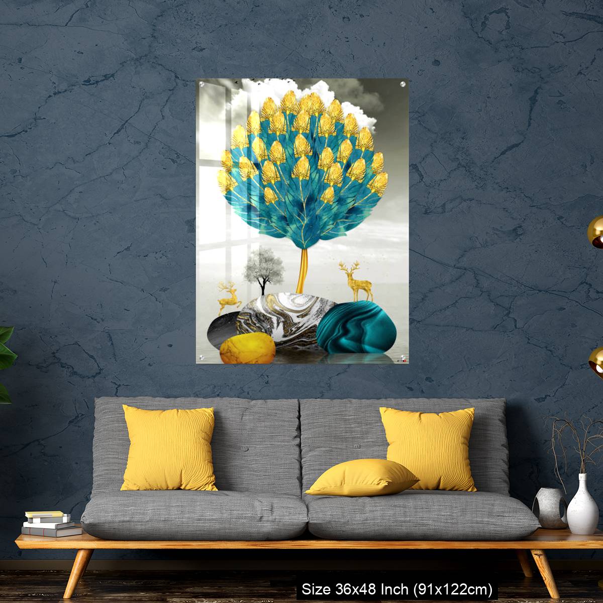OMGs Acrylic Wall Decor – Ginko biloba leaves golden tree, deer, gray mountain, stone sun, and clouds - Image 7