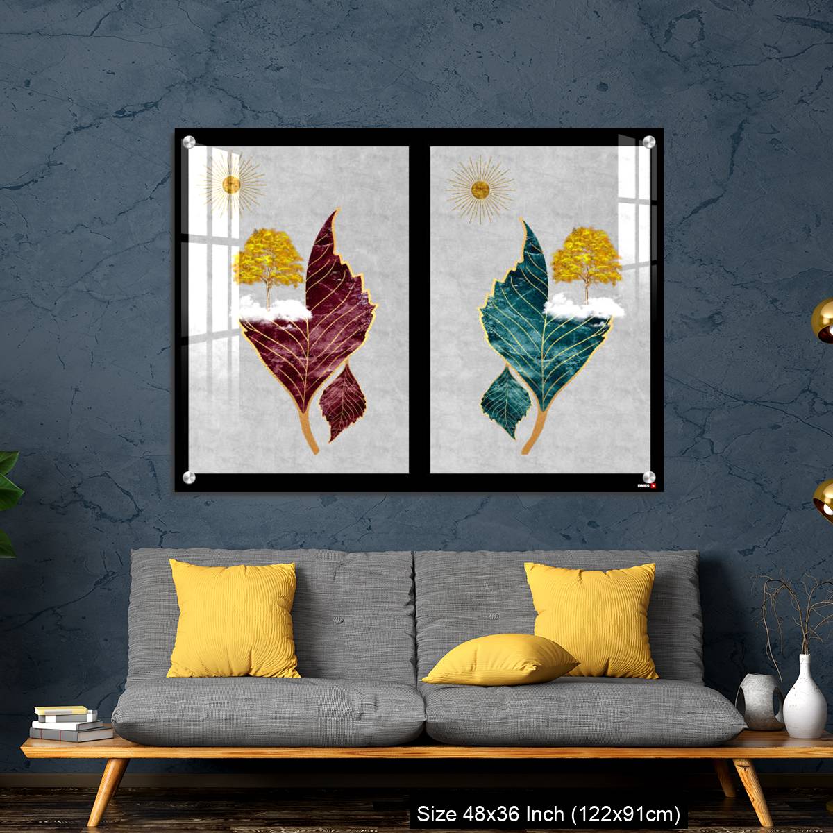 OMGs Acrylic Wall Decor – Chinese landscape gray background golden sun tree leaf and white clouds. - Image 7