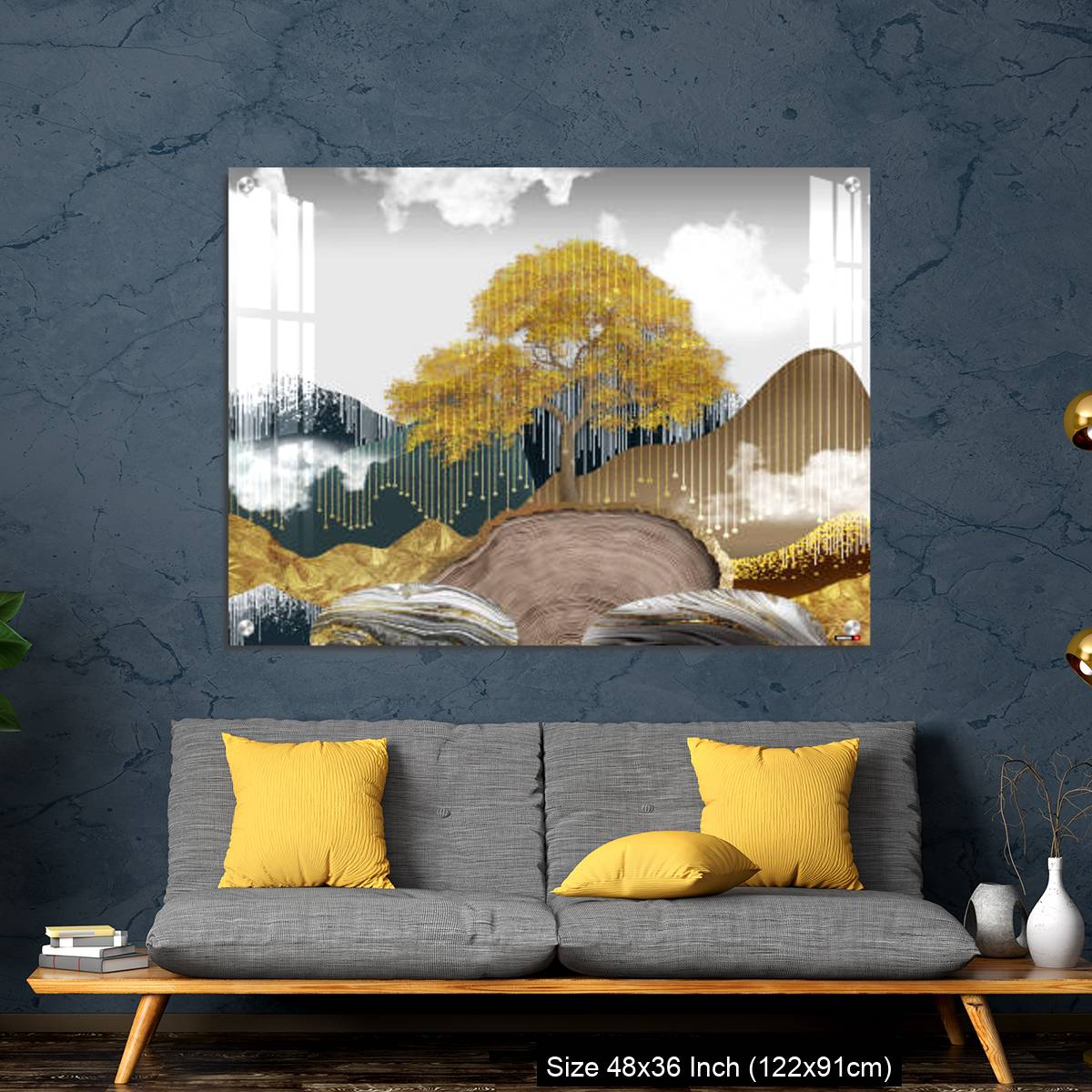 OMGs Acrylic Wall Decor – Gray background with golden trees, deer, mountains, and white clouds. golden, black, turquoise stone in water. - Image 7