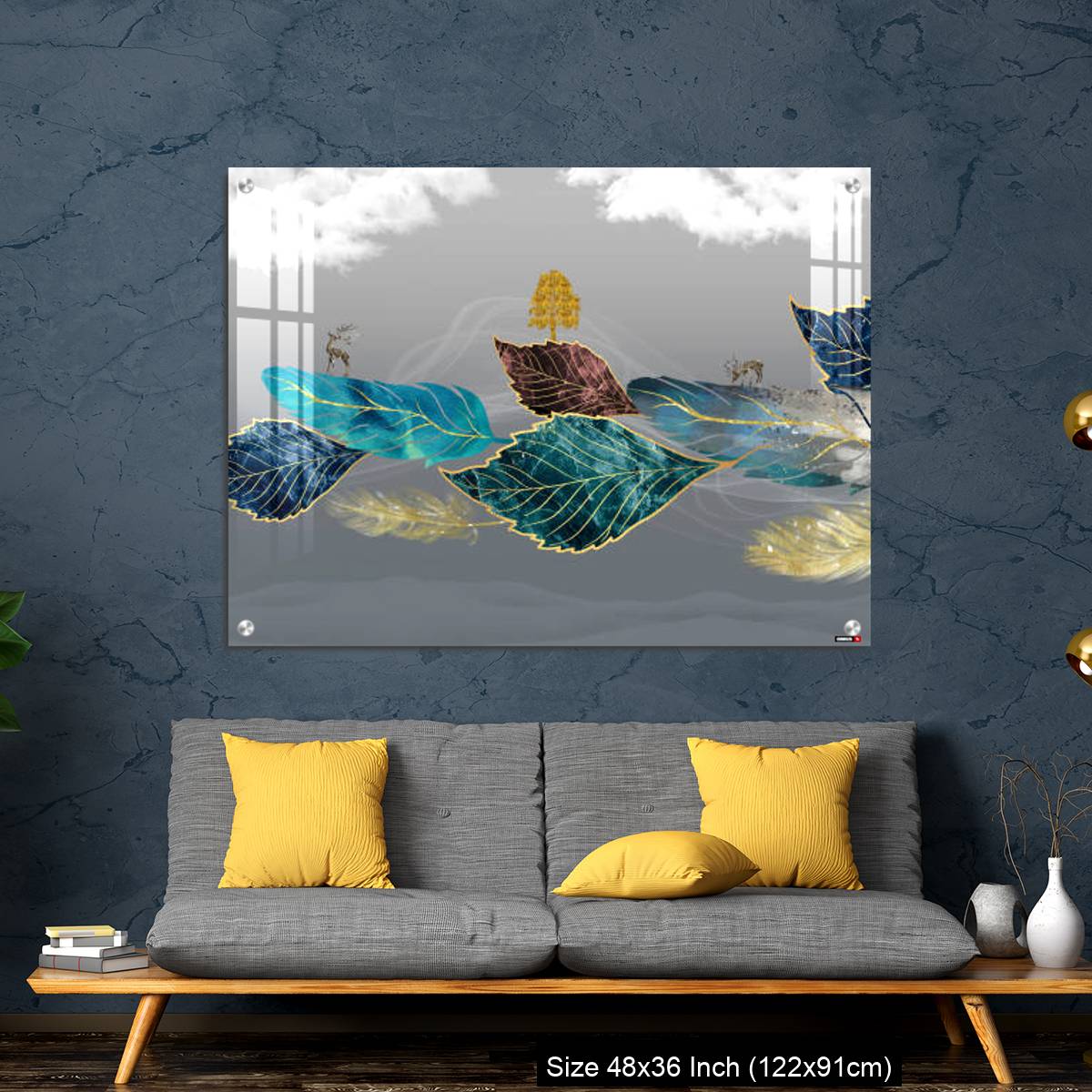 OMGs Acrylic Wall Decor – Blue, turquoise, and red leaves, white clouds and feathers in gray background - Image 7