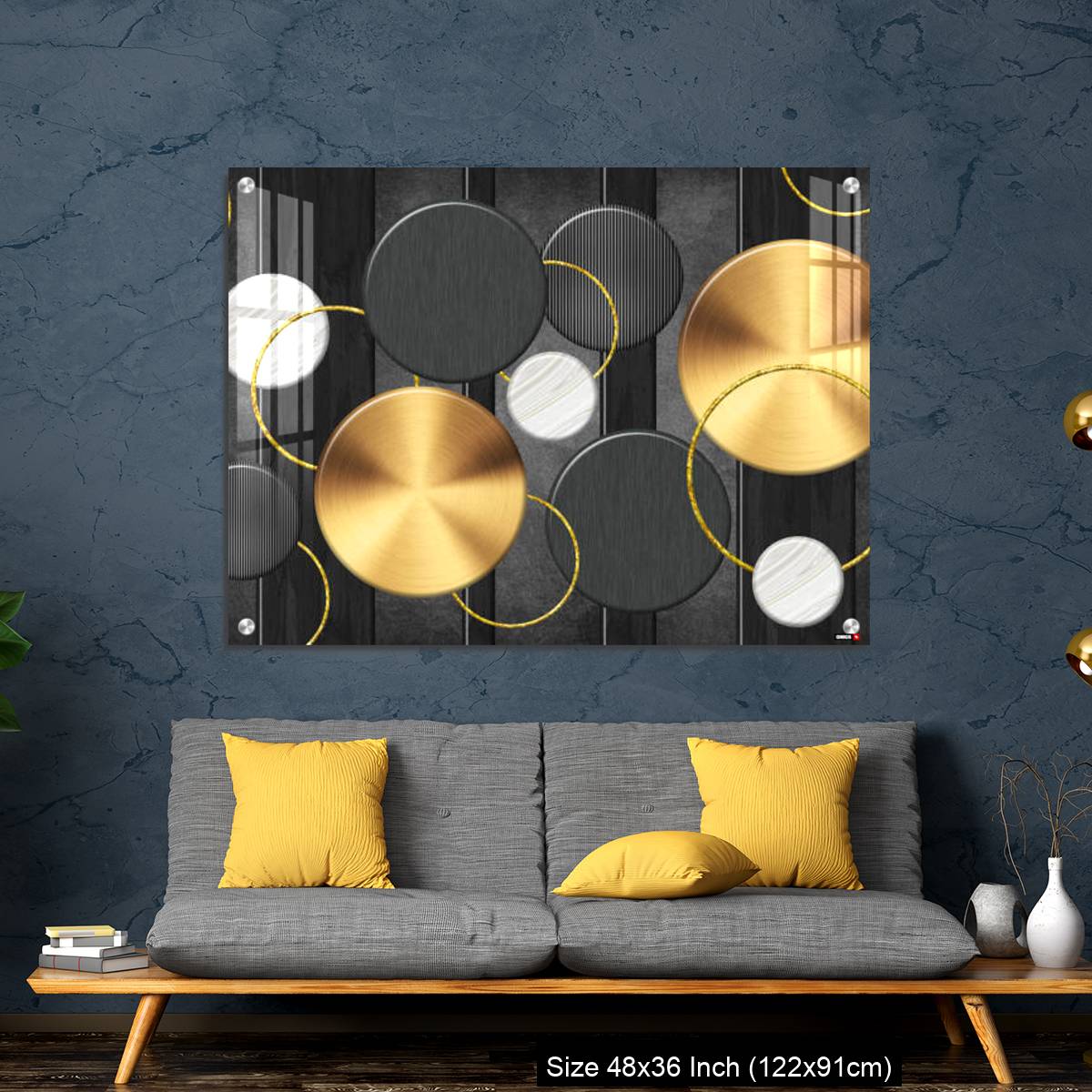 OMGs Acrylic Wall Decor – White and golden circles in dark gray  background decorative wall art. - Image 7