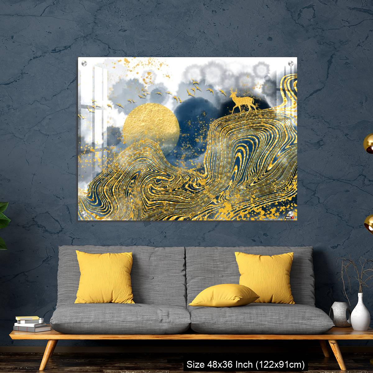 OMGs Acrylic Wall Decor – Golden deer, black christmas tree , mountain , moon with white birds - Image 7