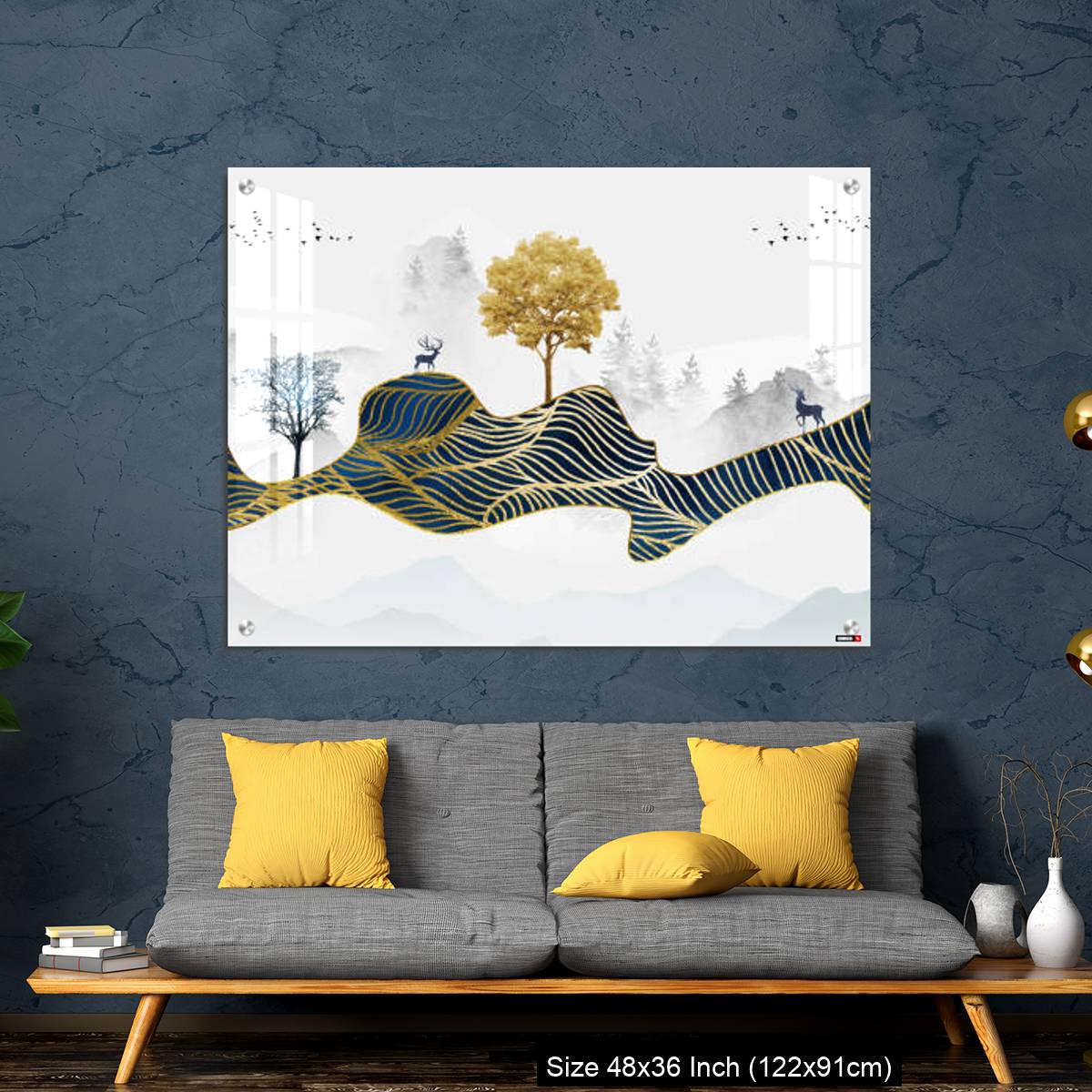 OMGs Acrylic Wall Decor – Deer, Christmas trees, mountains, clouds, and golden blue waves. 3d modern canvas art mural - Image 7