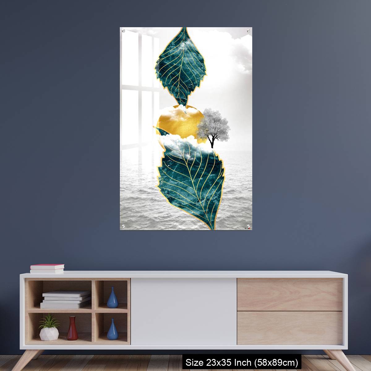 OMGs Acrylic Wall Decor – Light gray background golden sun and clouds, tree leaf and water - Image 8