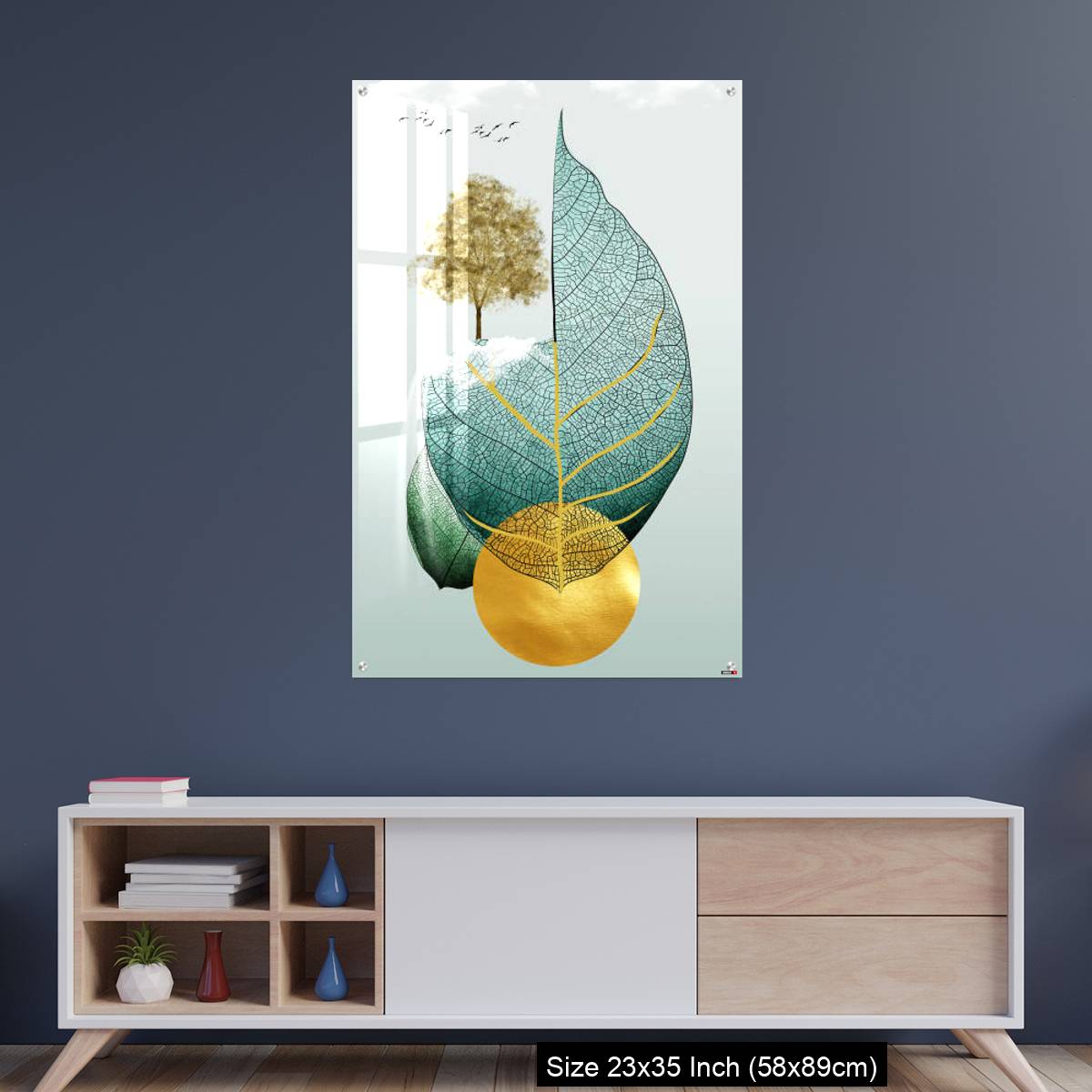 OMGs Acrylic Wall Decor – Gray background golden tree and birds , mountains tree leaf and white clouds . - Image 8