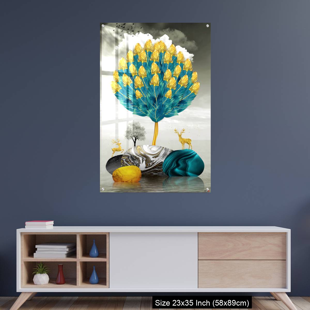 OMGs Acrylic Wall Decor – Ginko biloba leaves golden tree, deer, gray mountain, stone sun, and clouds - Image 8