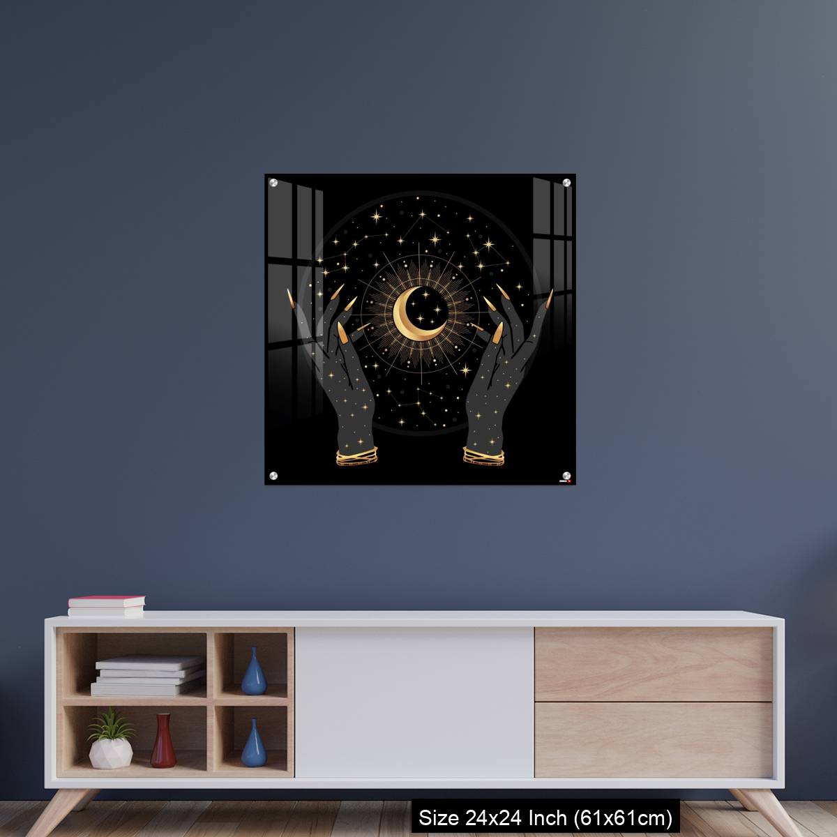 OMGs Acrylic Wall Decor – Black and gold boho crescent and elegant female hands. - Image 8