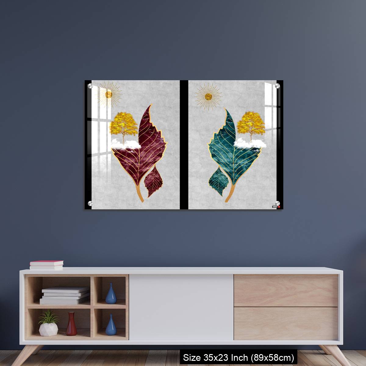 OMGs Acrylic Wall Decor – Chinese landscape gray background golden sun tree leaf and white clouds. - Image 8