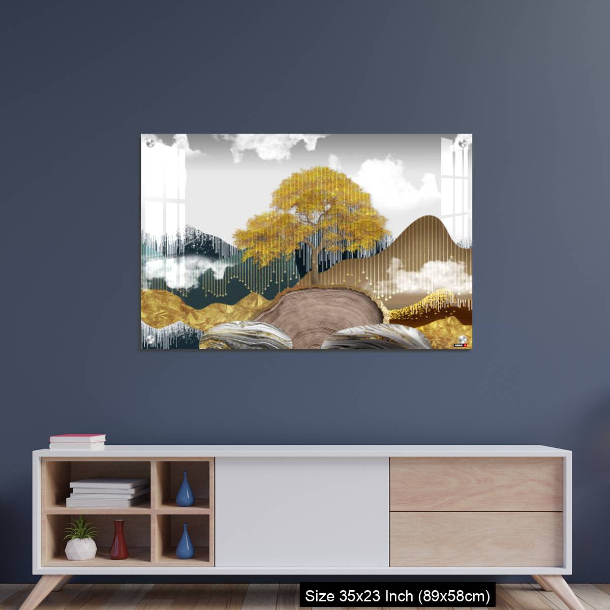OMGs Acrylic Wall Decor – Gray background with golden trees, deer, mountains, and white clouds. golden, black, turquoise stone in water. - Image 8