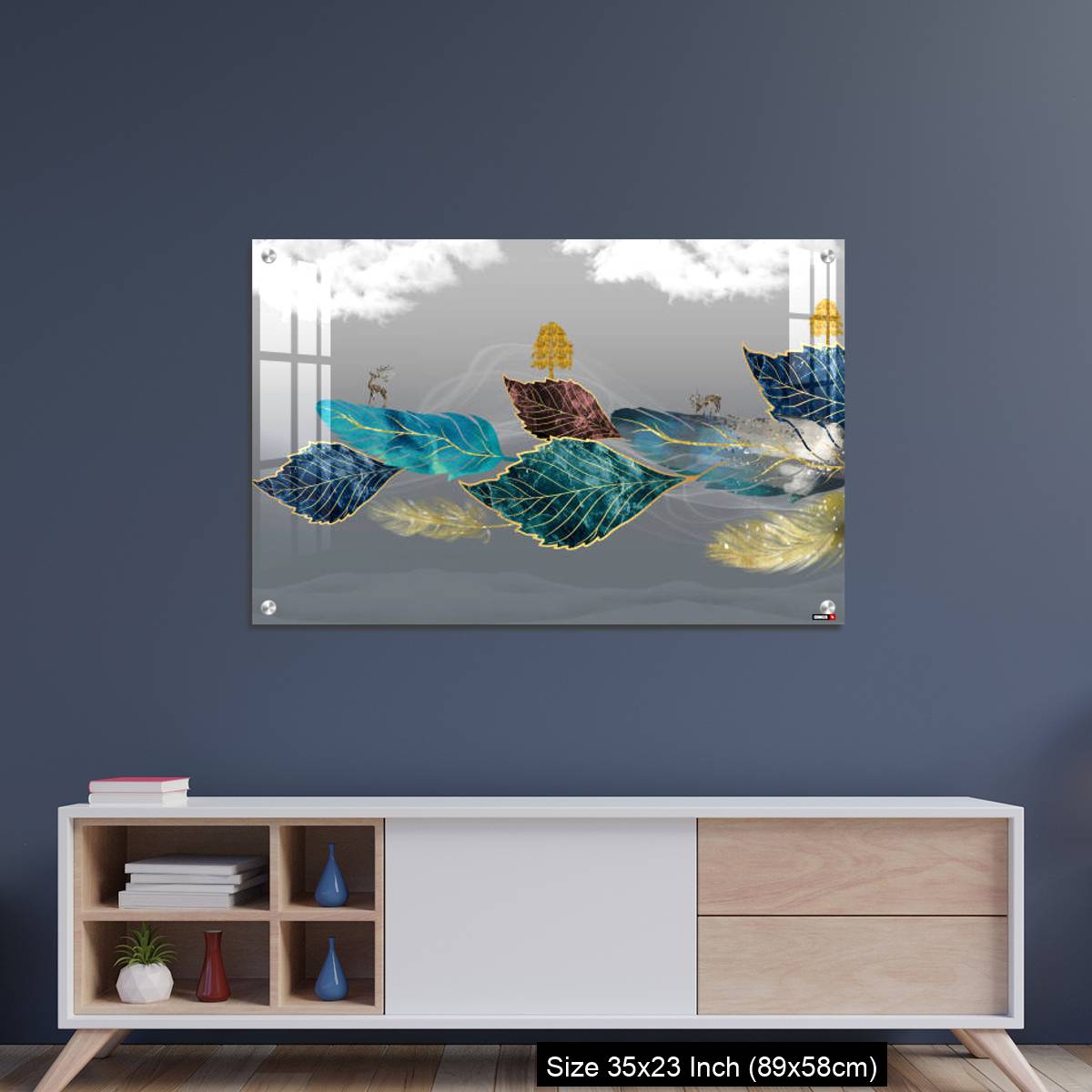 OMGs Acrylic Wall Decor – Blue, turquoise, and red leaves, white clouds and feathers in gray background - Image 8