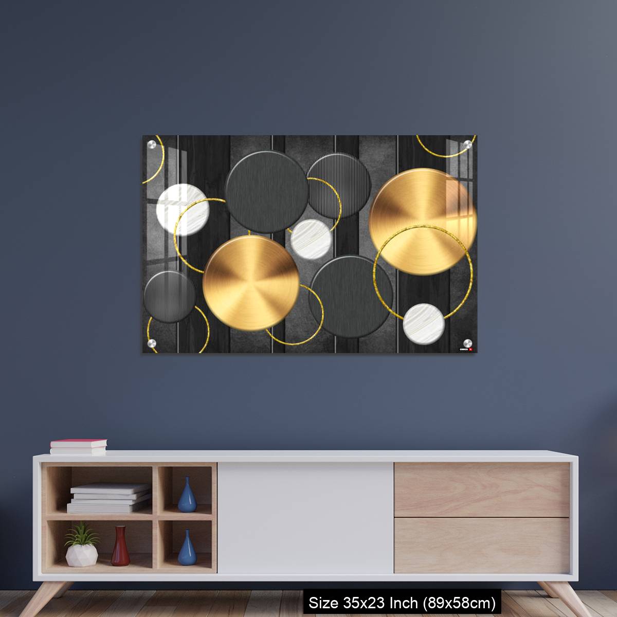 OMGs Acrylic Wall Decor – White and golden circles in dark gray  background decorative wall art. - Image 8