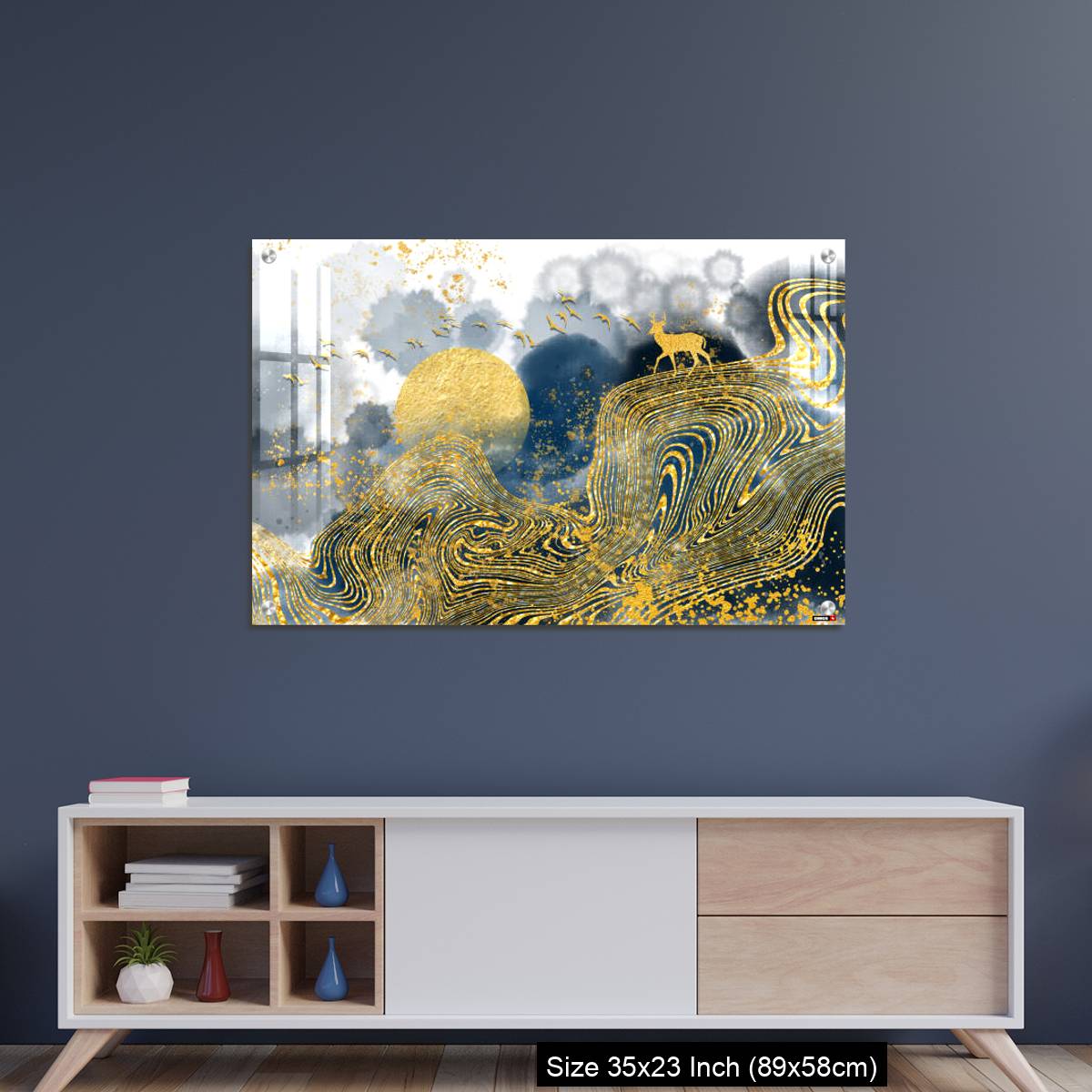 OMGs Acrylic Wall Decor – Golden deer, black christmas tree , mountain , moon with white birds - Image 8