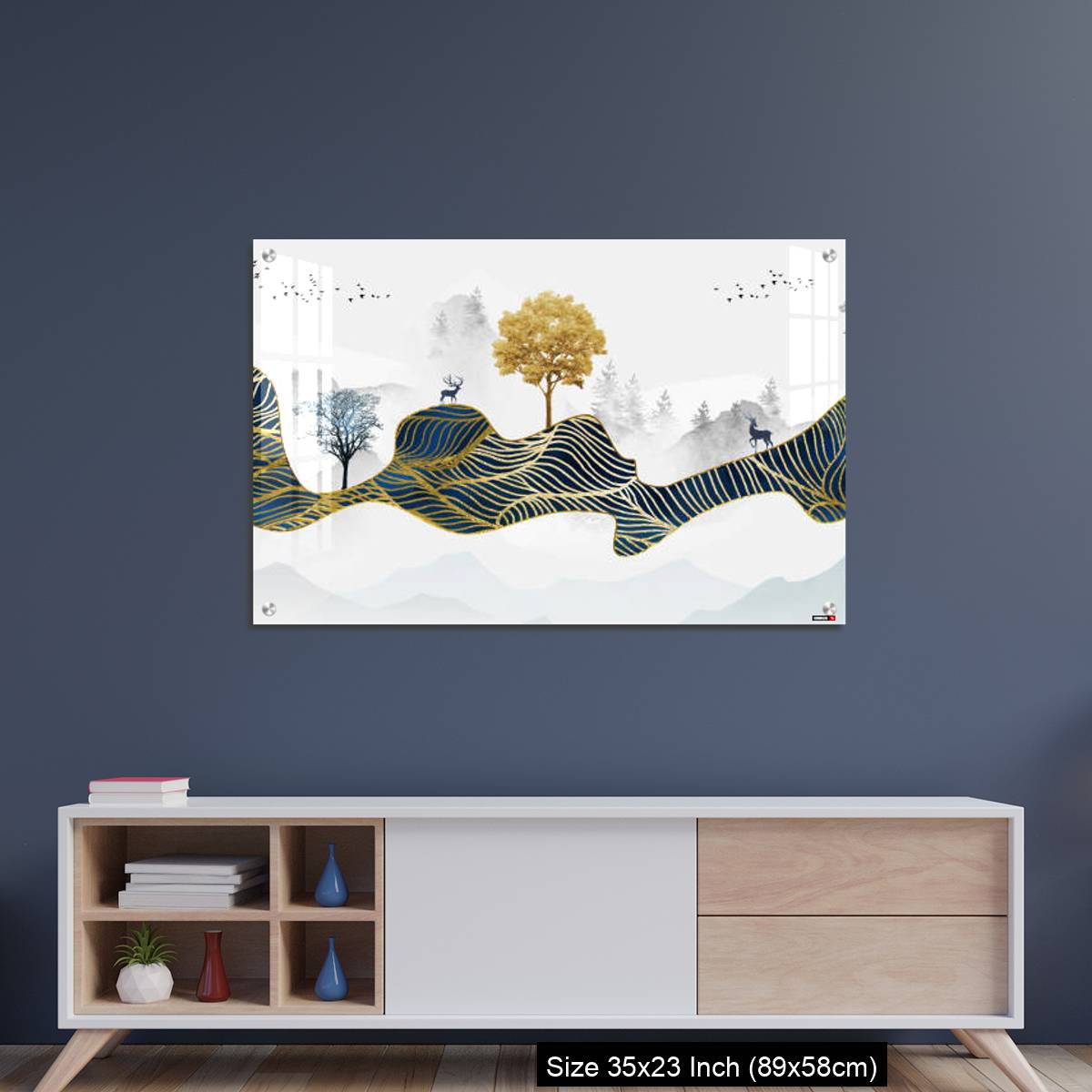 OMGs Acrylic Wall Decor – Deer, Christmas trees, mountains, clouds, and golden blue waves. 3d modern canvas art mural - Image 8