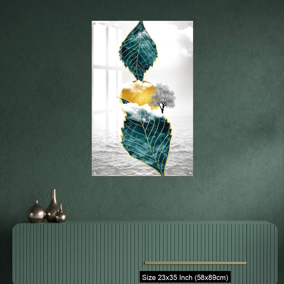 OMGs Acrylic Wall Decor – Light gray background golden sun and clouds, tree leaf and water - Image 9