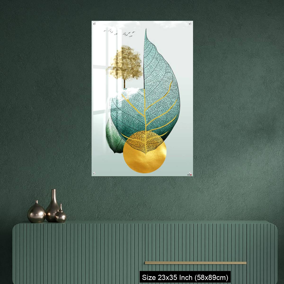 OMGs Acrylic Wall Decor – Gray background golden tree and birds , mountains tree leaf and white clouds . - Image 9