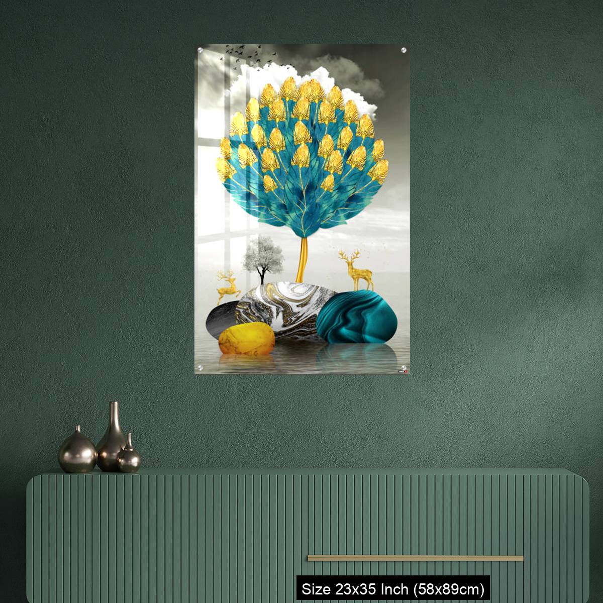 OMGs Acrylic Wall Decor – Ginko biloba leaves golden tree, deer, gray mountain, stone sun, and clouds - Image 9