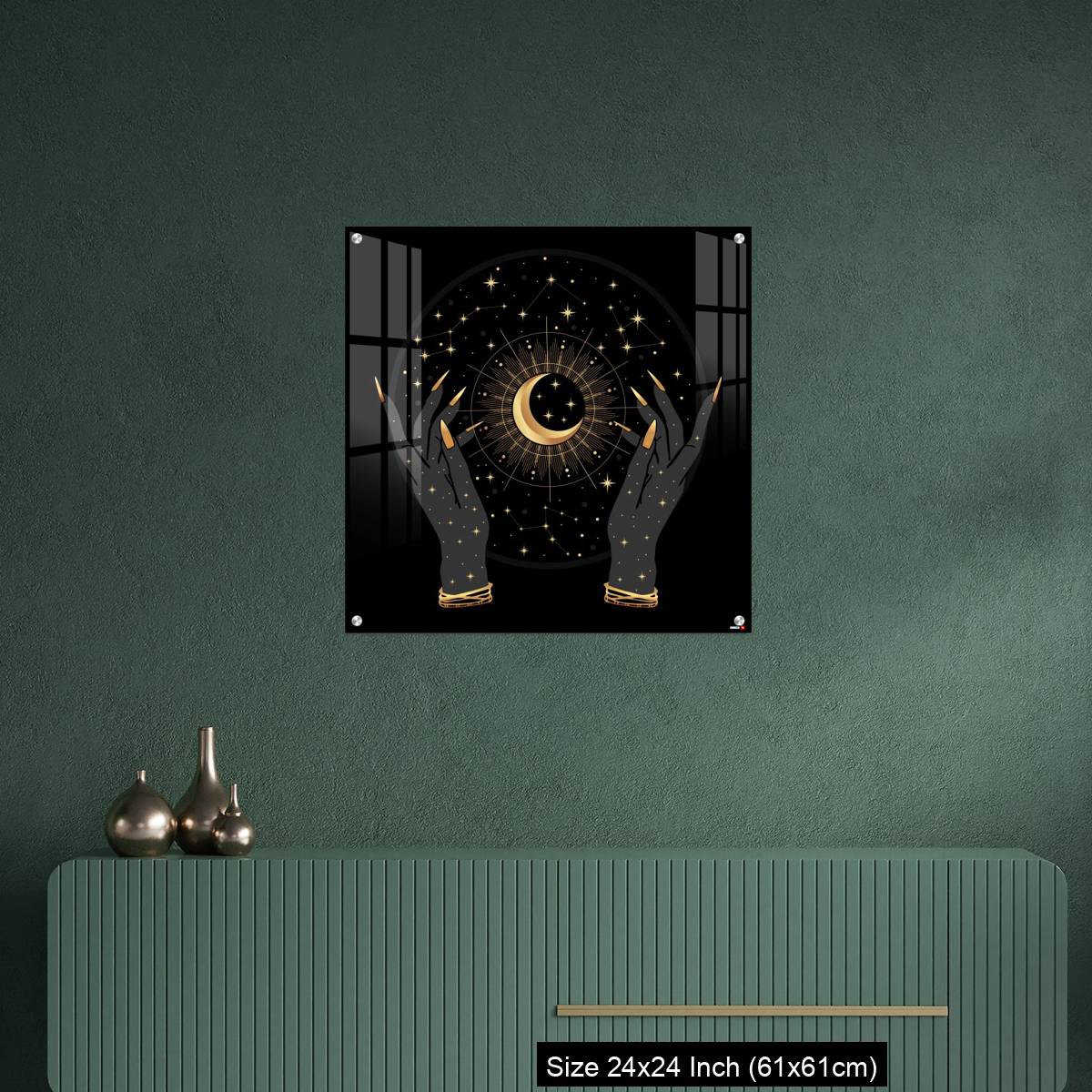 OMGs Acrylic Wall Decor – Black and gold boho crescent and elegant female hands. - Image 9