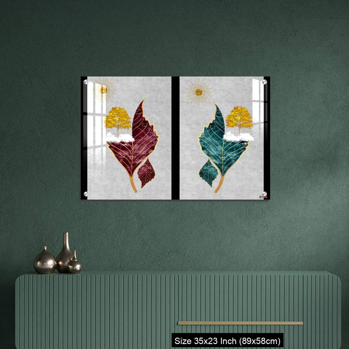 OMGs Acrylic Wall Decor – Chinese landscape gray background golden sun tree leaf and white clouds. - Image 9