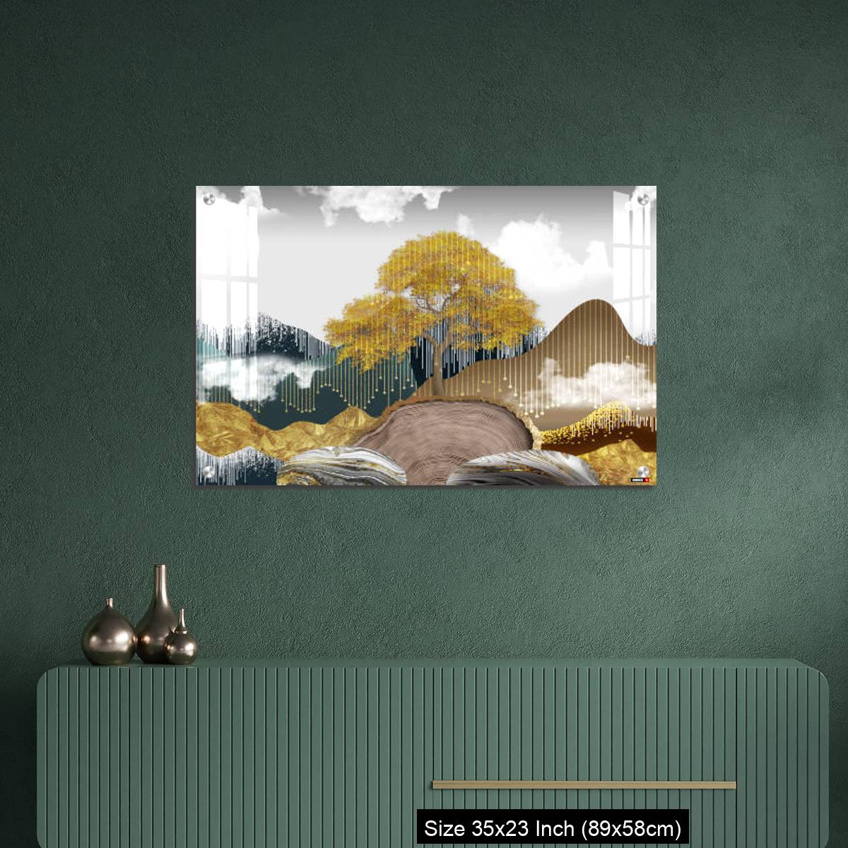 OMGs Acrylic Wall Decor – Gray background with golden trees, deer, mountains, and white clouds. golden, black, turquoise stone in water. - Image 9