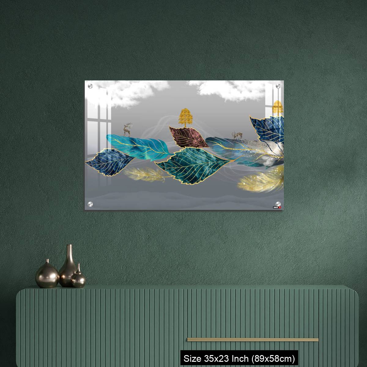 OMGs Acrylic Wall Decor – Blue, turquoise, and red leaves, white clouds and feathers in gray background - Image 9