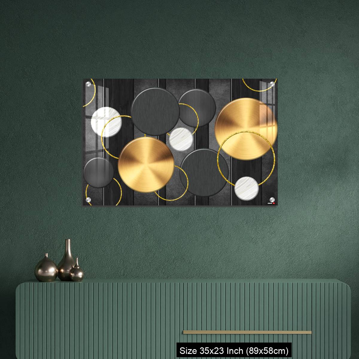 OMGs Acrylic Wall Decor – White and golden circles in dark gray  background decorative wall art. - Image 9