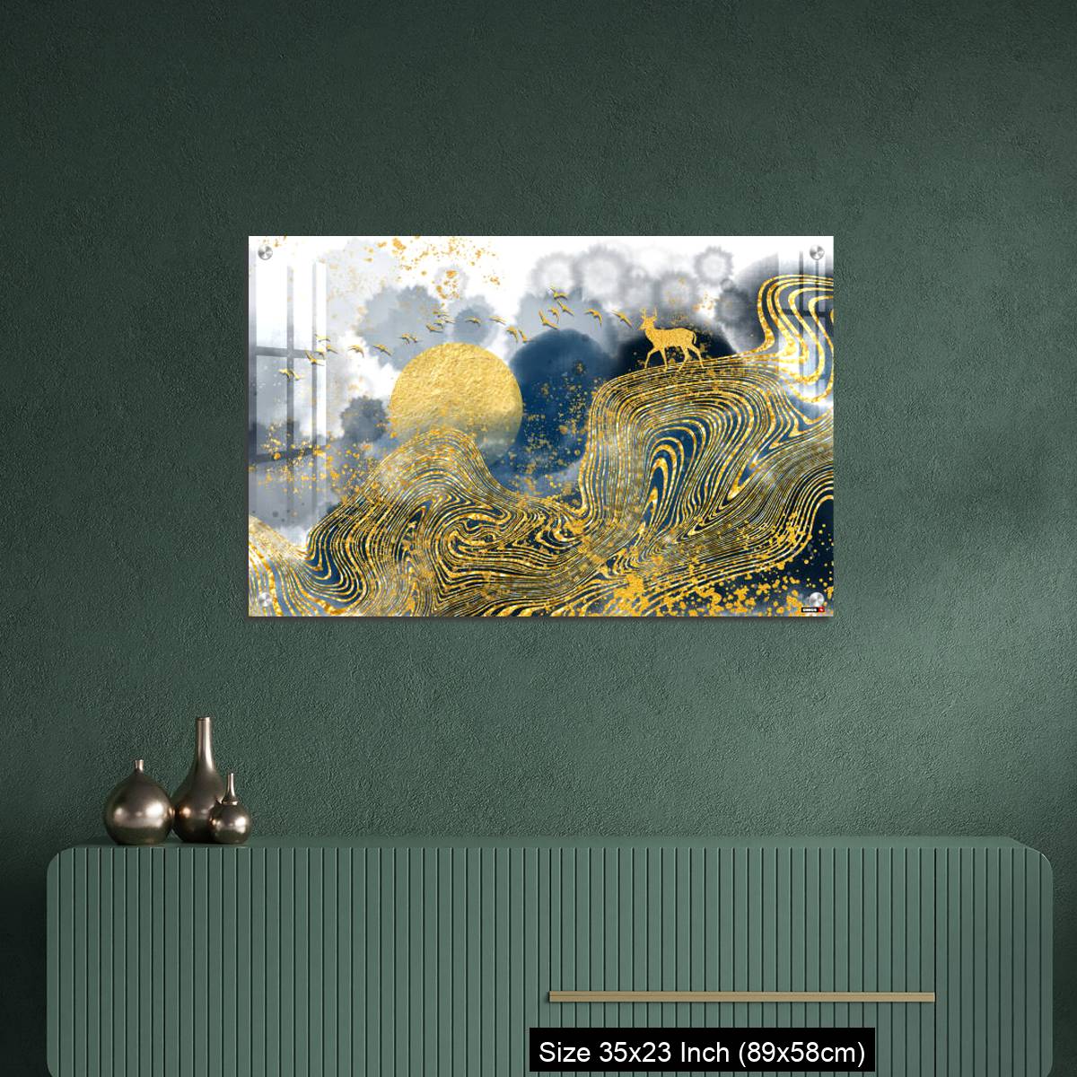 OMGs Acrylic Wall Decor – Golden deer, black christmas tree , mountain , moon with white birds - Image 9