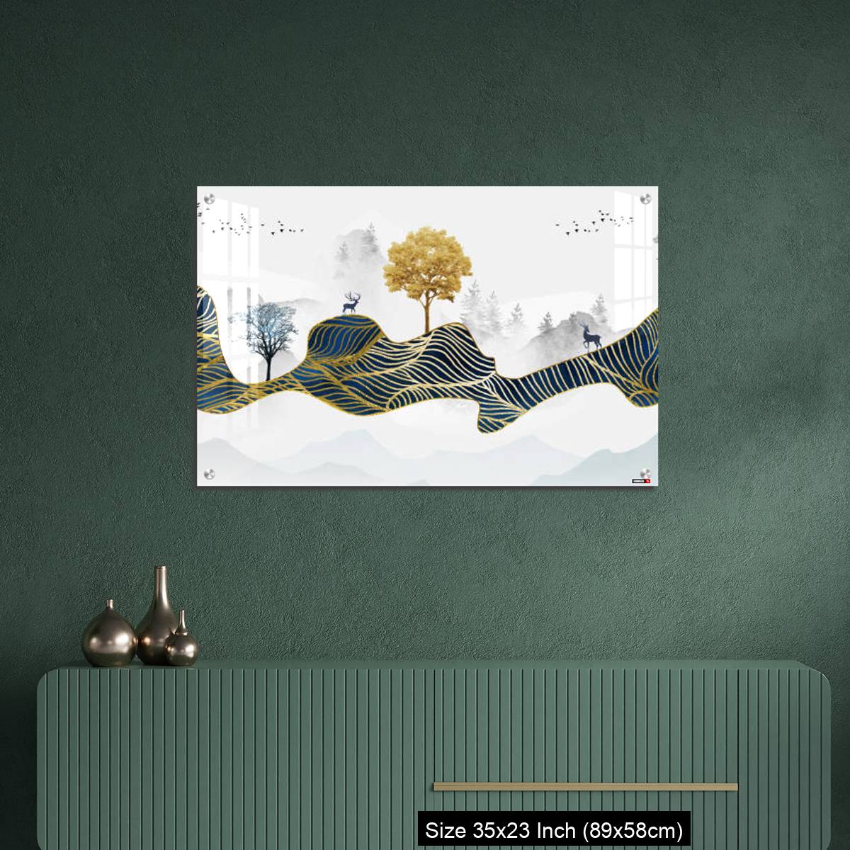 OMGs Acrylic Wall Decor – Deer, Christmas trees, mountains, clouds, and golden blue waves. 3d modern canvas art mural - Image 9