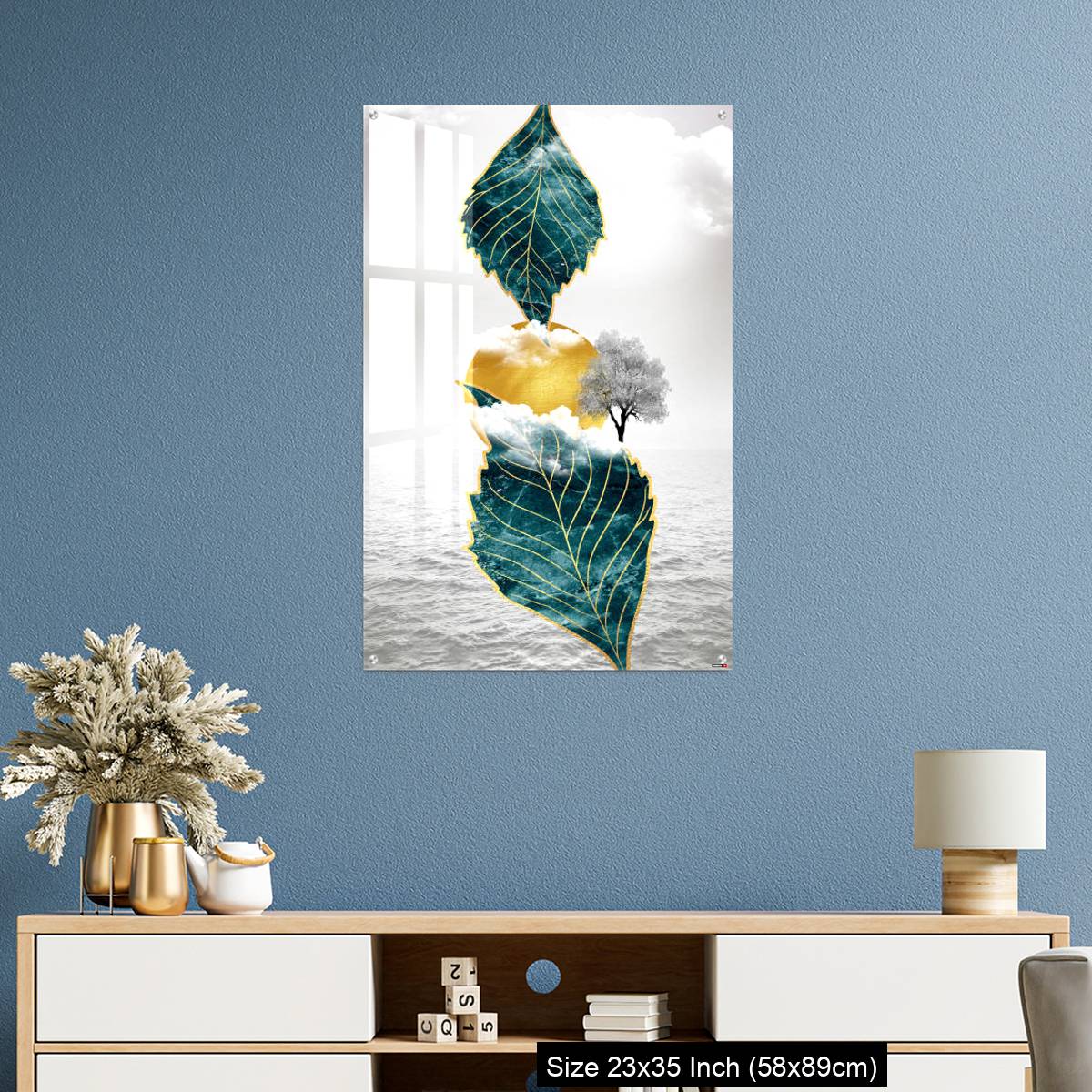 OMGs Acrylic Wall Decor – Light gray background golden sun and clouds, tree leaf and water - Image 10
