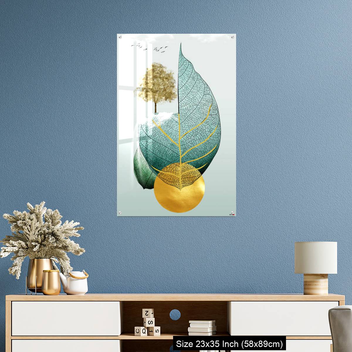 OMGs Acrylic Wall Decor – Gray background golden tree and birds , mountains tree leaf and white clouds . - Image 10