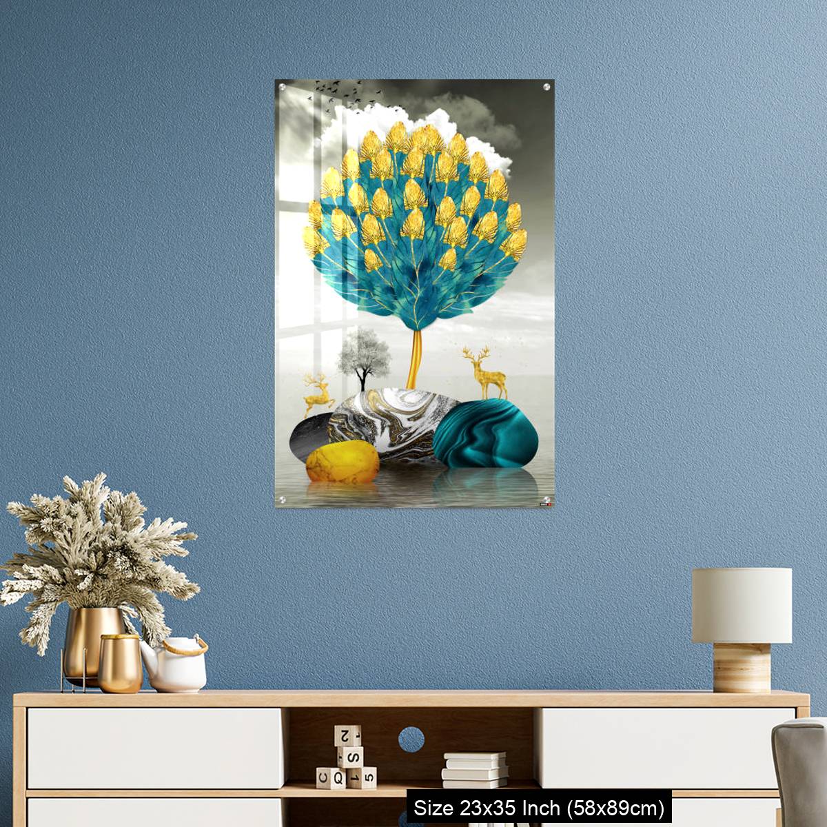 OMGs Acrylic Wall Decor – Ginko biloba leaves golden tree, deer, gray mountain, stone sun, and clouds - Image 10
