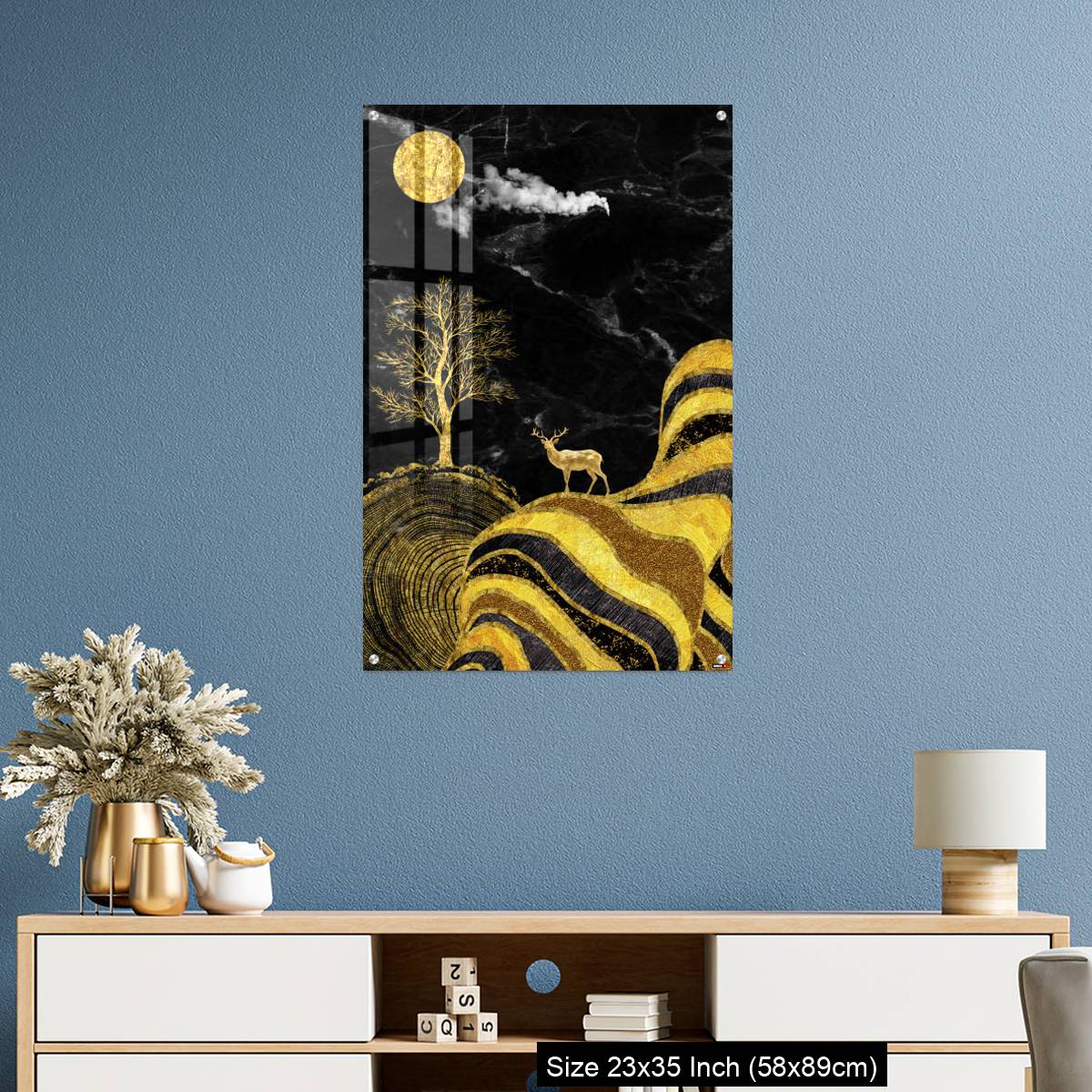 OMGs Acrylic Wall Decor – Moon and golden tree and curvy mountains, and white clouds. wall poster frame. - Image 10