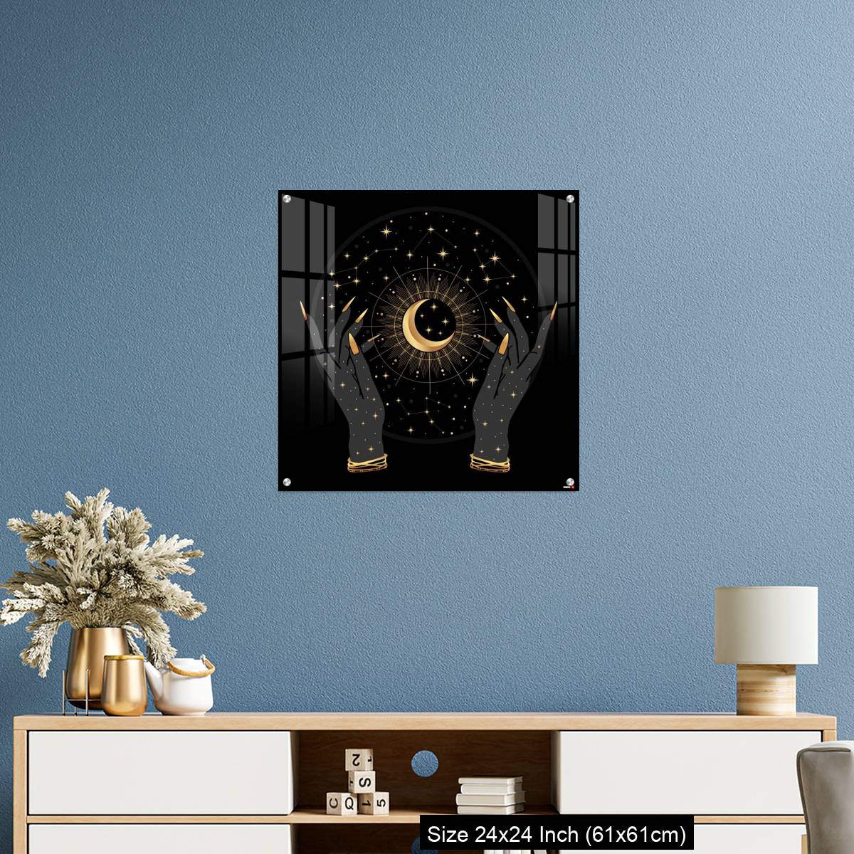 OMGs Acrylic Wall Decor – Black and gold boho crescent and elegant female hands. - Image 10