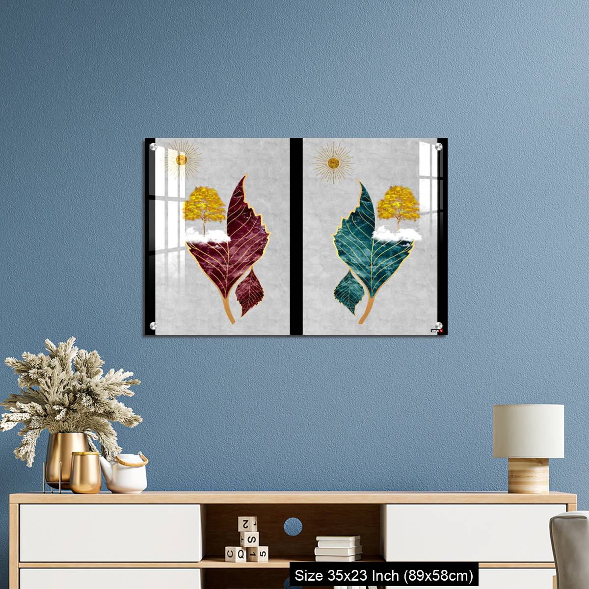 OMGs Acrylic Wall Decor – Chinese landscape gray background golden sun tree leaf and white clouds. - Image 10