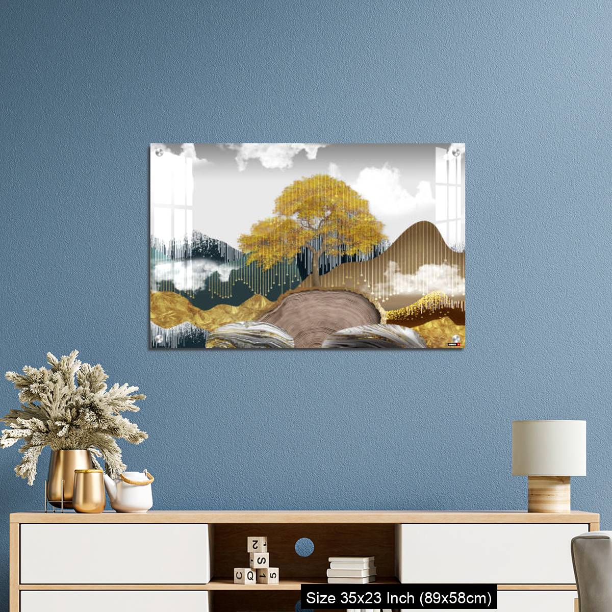 OMGs Acrylic Wall Decor – Gray background with golden trees, deer, mountains, and white clouds. golden, black, turquoise stone in water. - Image 10