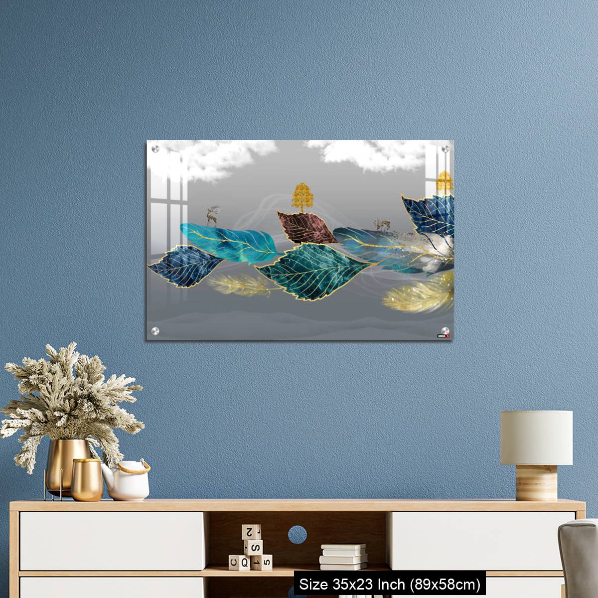 OMGs Acrylic Wall Decor – Blue, turquoise, and red leaves, white clouds and feathers in gray background - Image 10