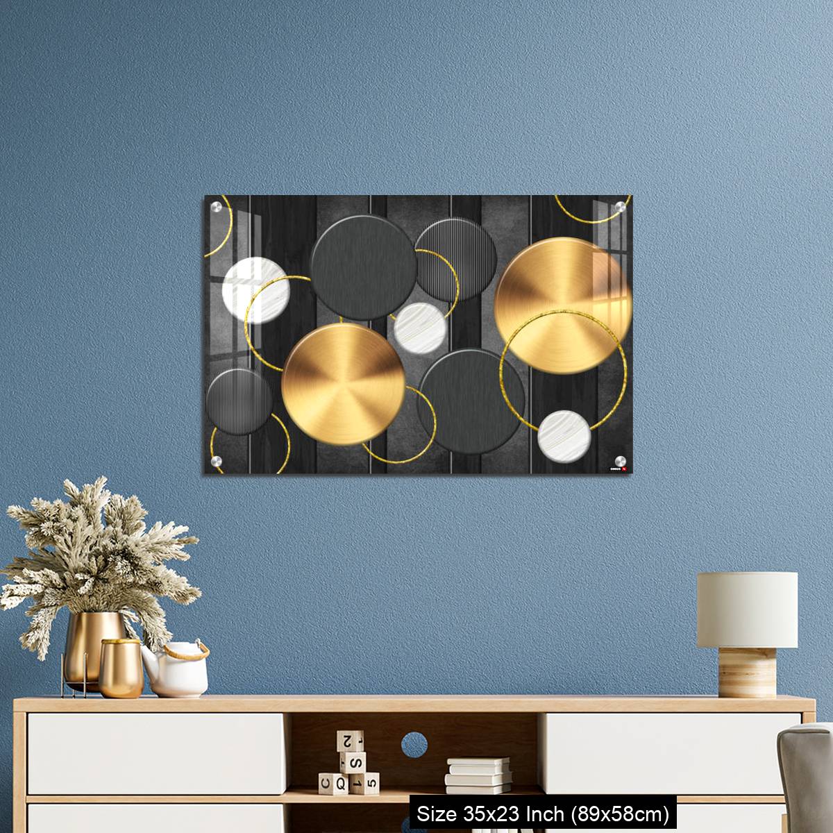 OMGs Acrylic Wall Decor – White and golden circles in dark gray  background decorative wall art. - Image 10