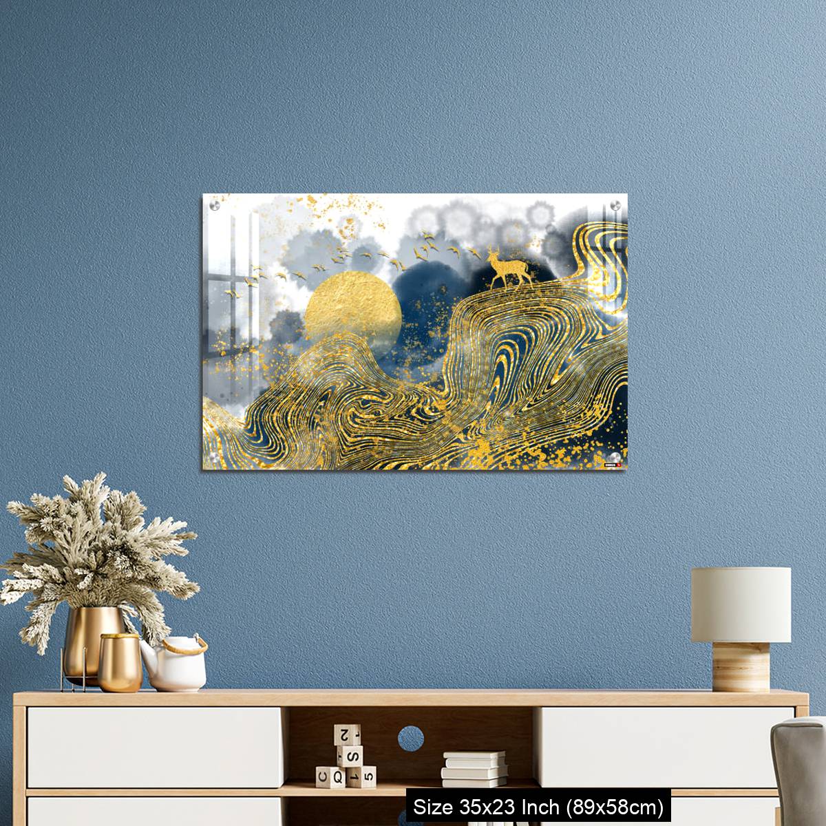 OMGs Acrylic Wall Decor – Golden deer, black christmas tree , mountain , moon with white birds - Image 10